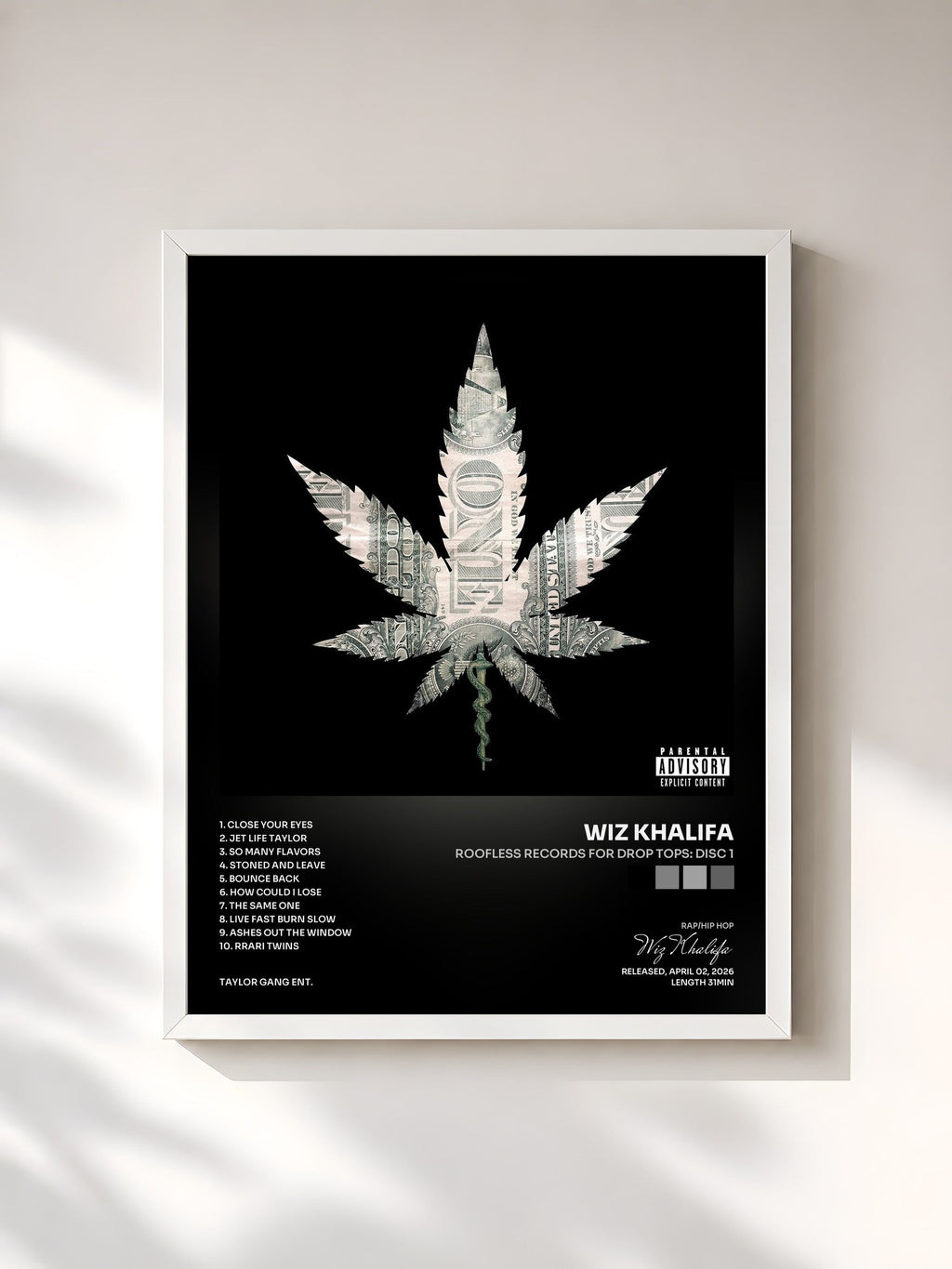 #blanc Roofless Records For Drop Tops: Disc 1 by Wiz Khalifa as a framed art print, white frame, printed and framed in France