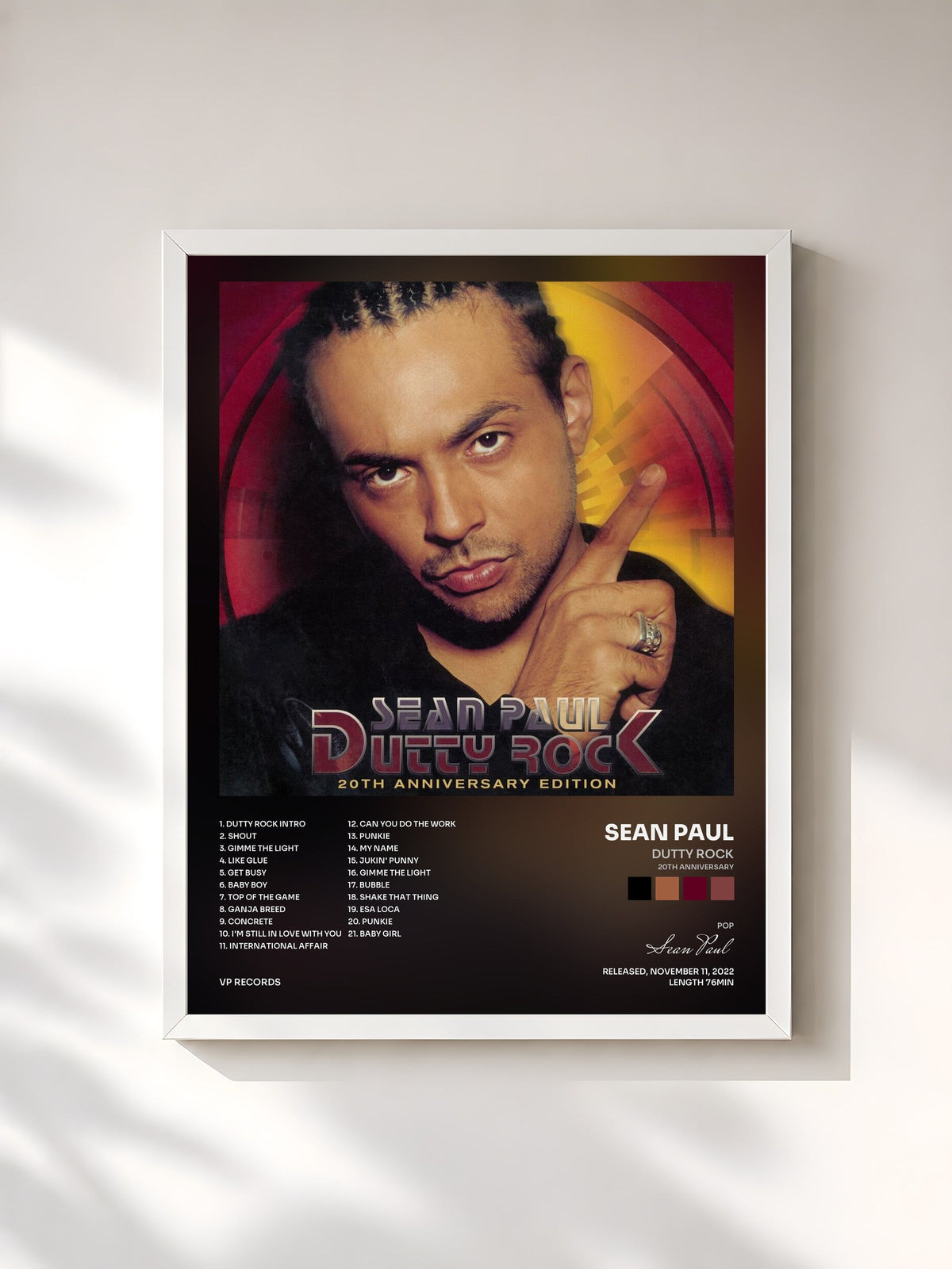 #blanc Tableau de l'album Dutty Rock (20th Anniversary) de Sean Paul, cadre blanc, imprimé et encadré en France