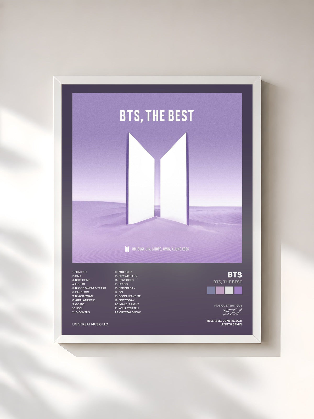 #blanc Tableau de l'album BTS, THE BEST de BTS, cadre blanc, imprimé et encadré en France