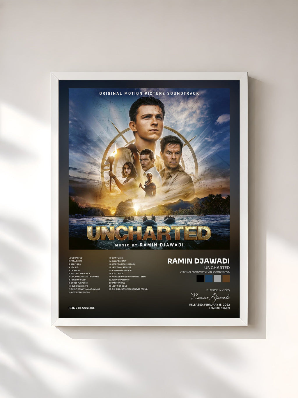 #blanc Tableau de l'album Uncharted (Original Motion Picture Soundtrack) de Ramin Djawadi, cadre blanc, imprimé et encadré en France
