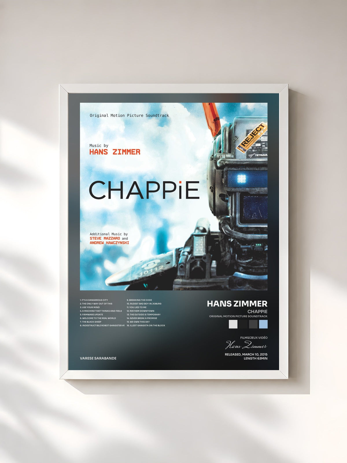 #blanc Tableau de l'album Chappie (Original Motion Picture Soundtrack) de Hans Zimmer, cadre blanc, imprimé et encadré en France