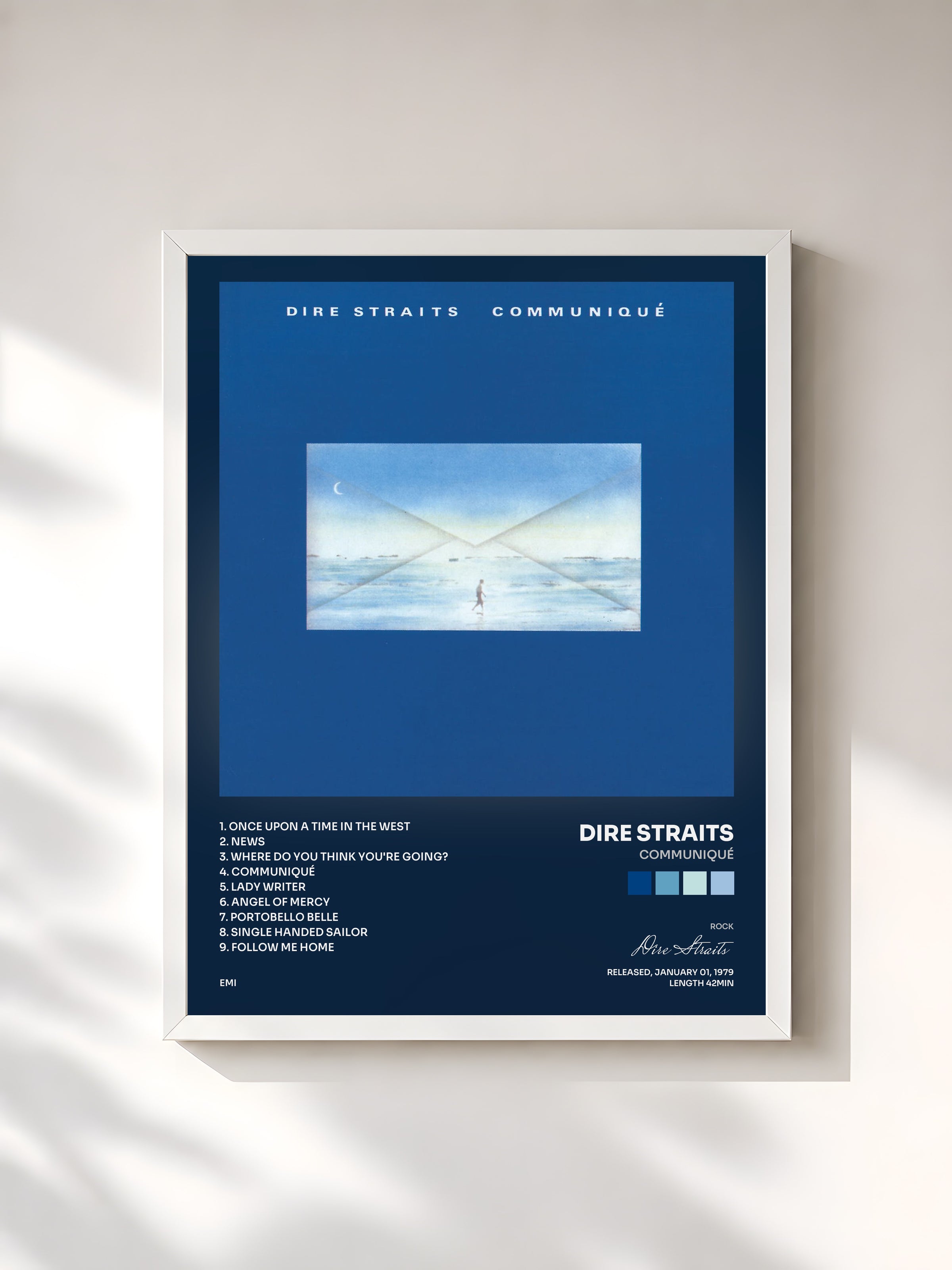 #blanc Tableau de l'album Communiqué de Dire Straits, cadre blanc, imprimé et encadré en France