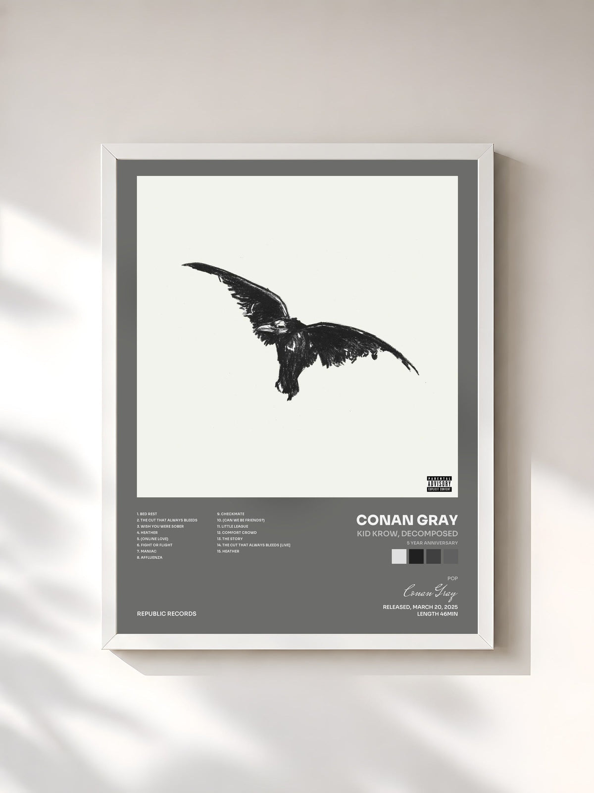 #blanc Tableau de l'album Kid Krow, Decomposed (5 Year Anniversary) de Conan Gray, cadre blanc, imprimé et encadré en France