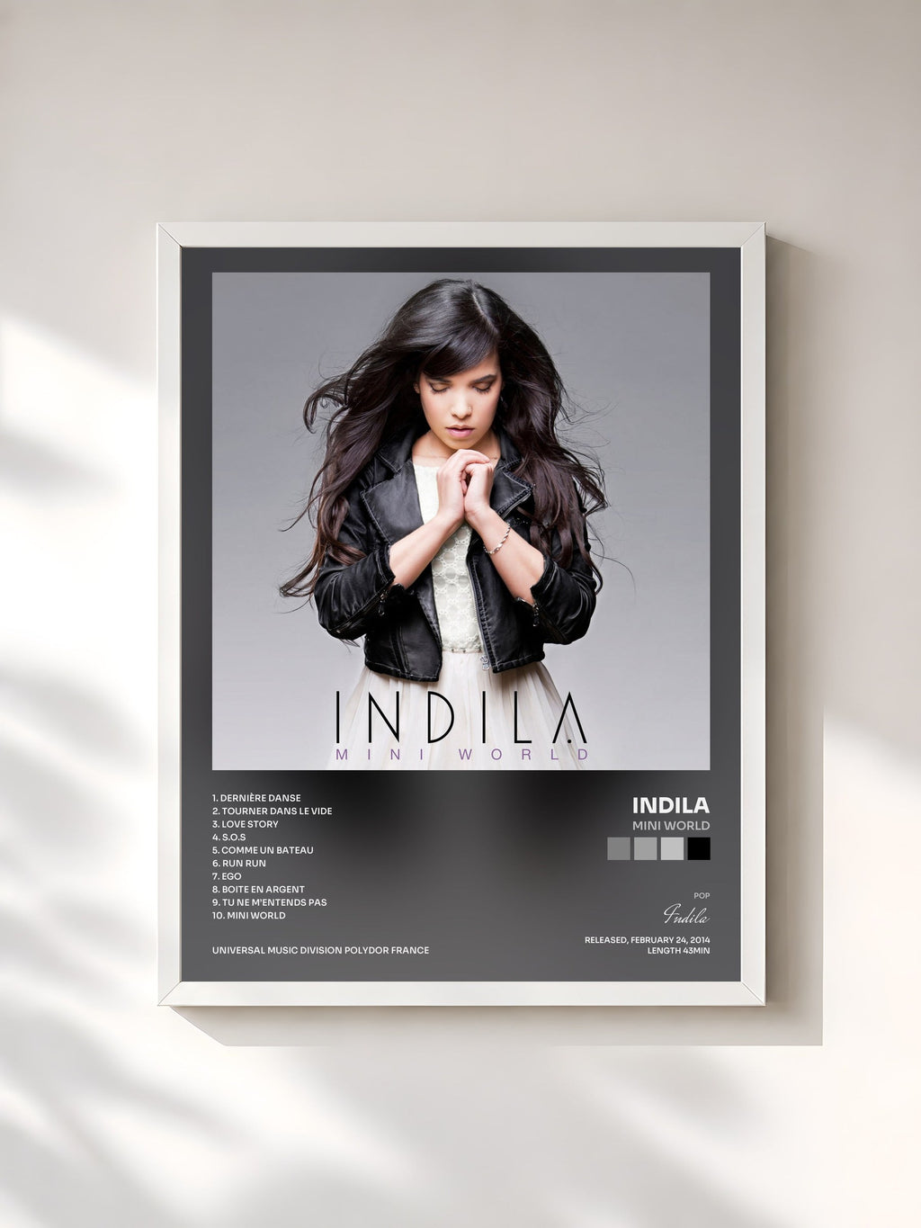 #blanc Tableau de l'album Mini World de Indila, cadre blanc, imprimé et encadré en France