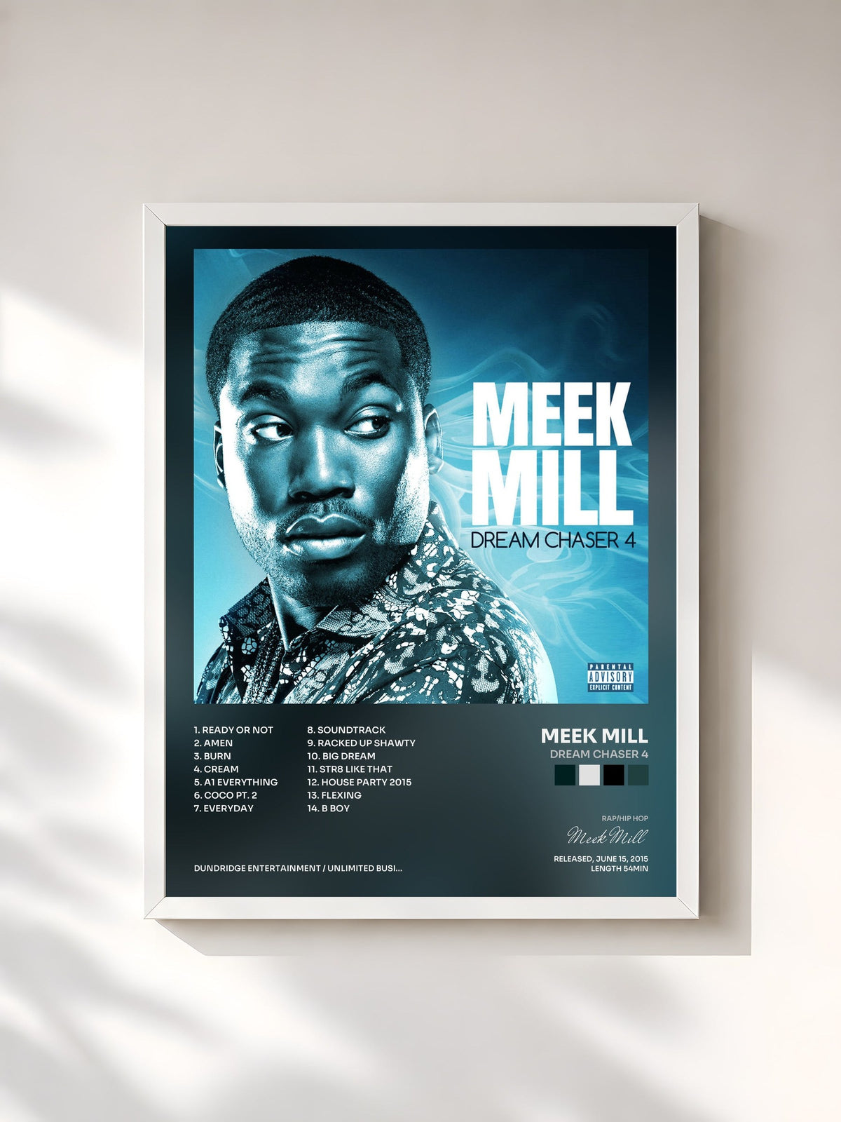 #blanc Tableau de l'album Dream Chaser 4 de Meek Mill, cadre blanc, imprimé et encadré en France