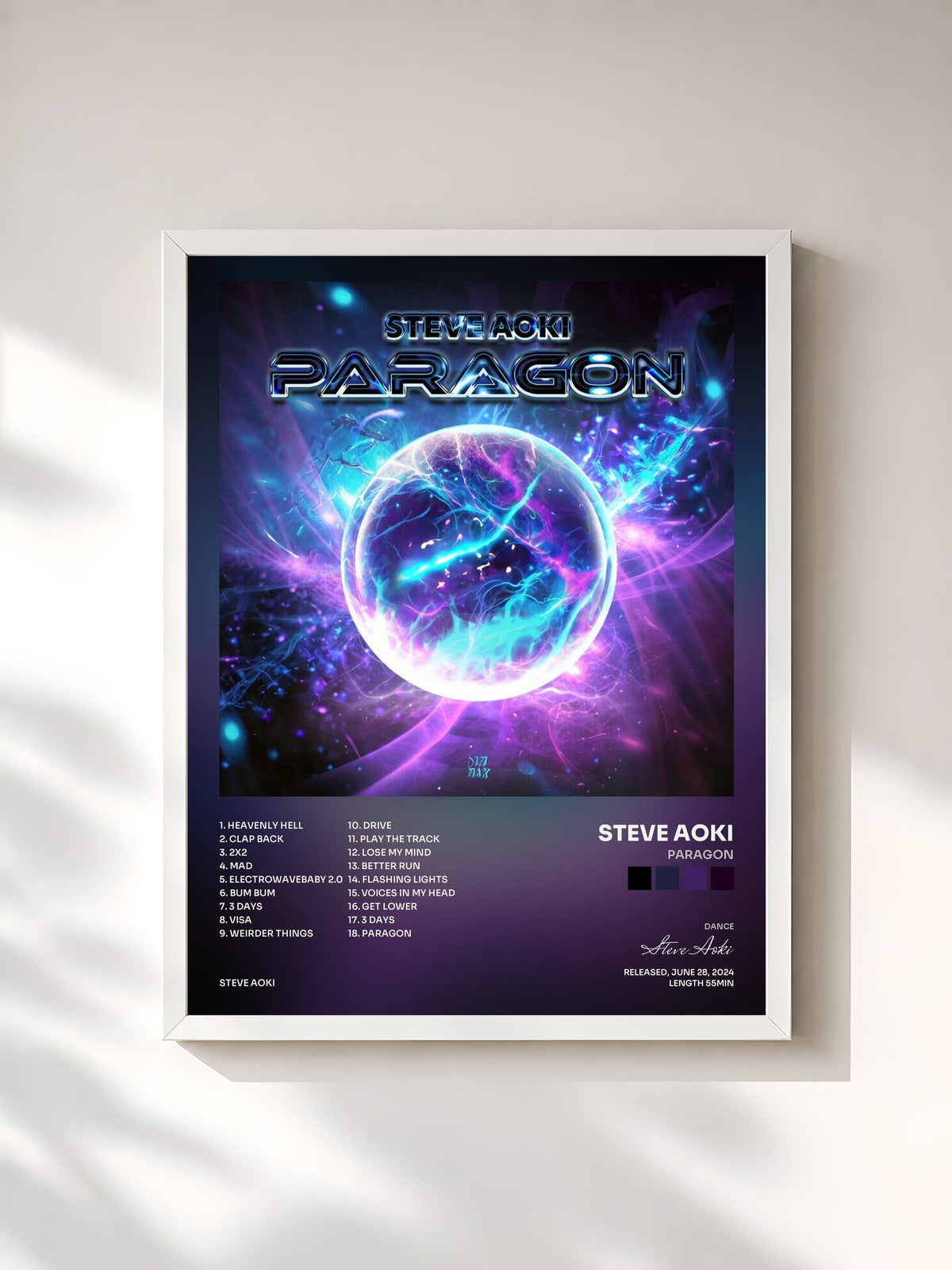 #blanc Tableau de l'album Paragon de Steve Aoki, cadre blanc, imprimé et encadré en France