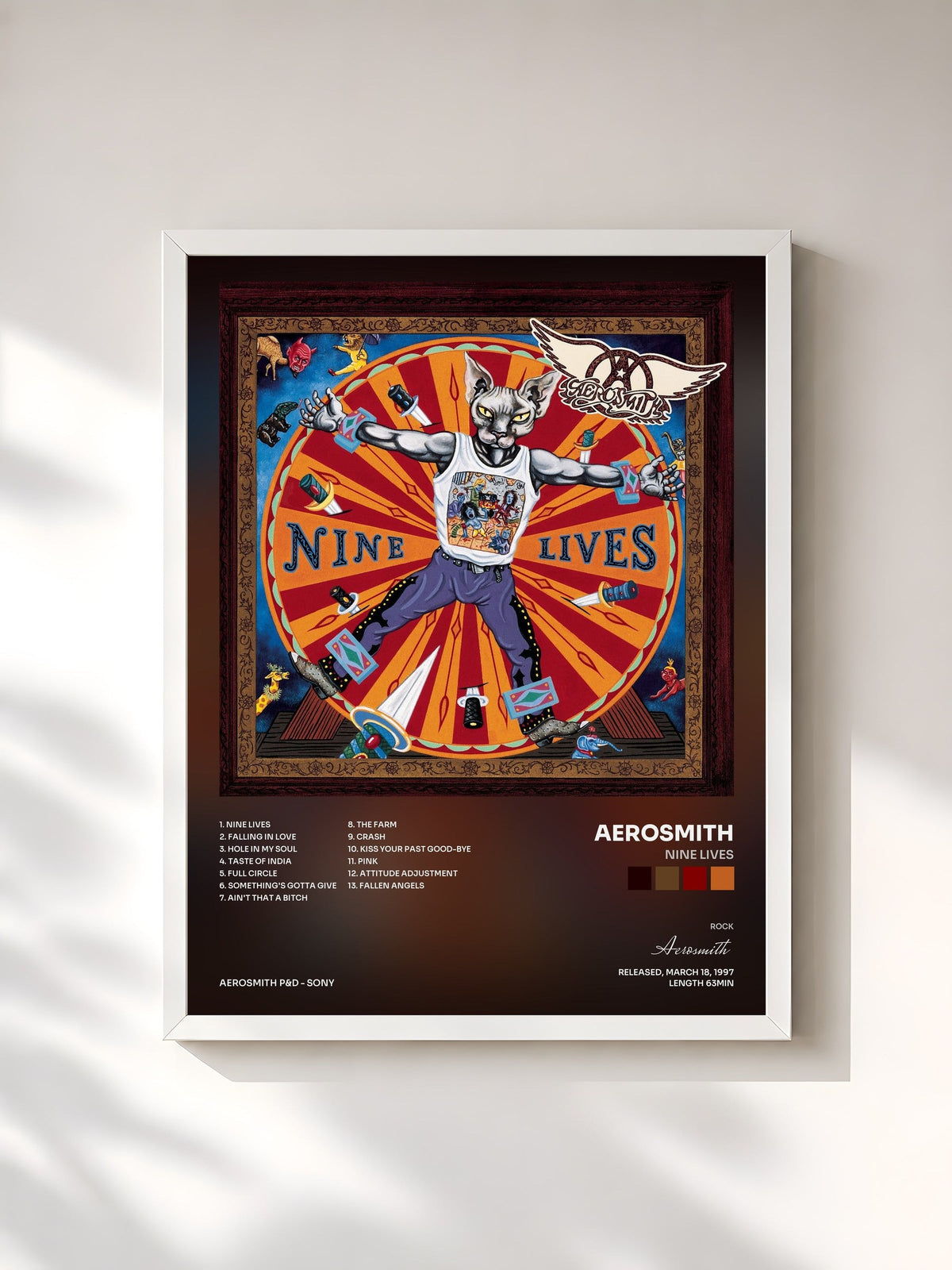 #blanc Tableau de l'album Nine Lives de Aerosmith, cadre blanc, imprimé et encadré en France