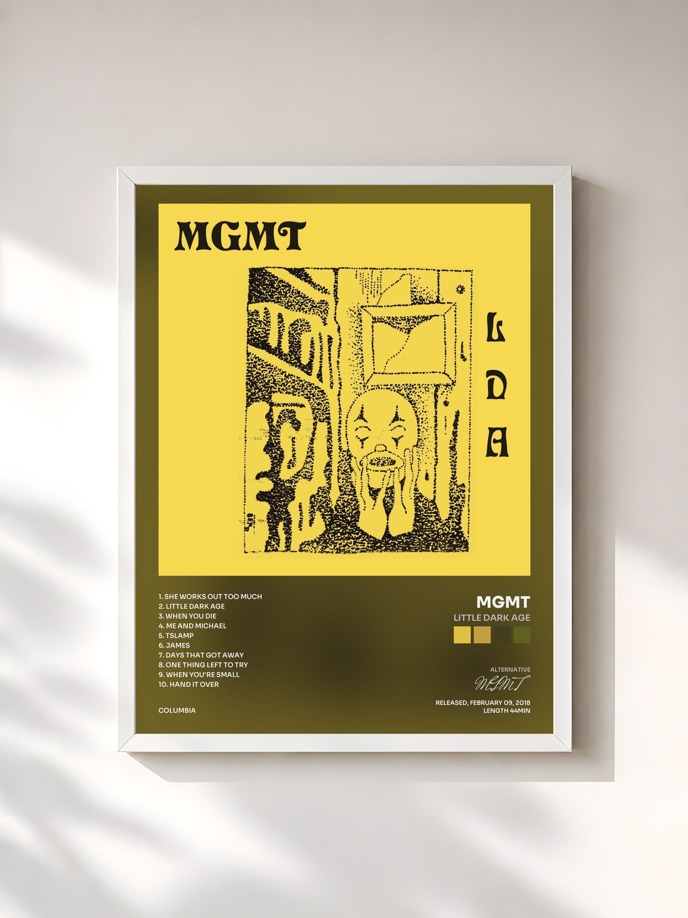 #blanc Tableau de l'album Little Dark Age de MGMT, cadre blanc, imprimé et encadré en France