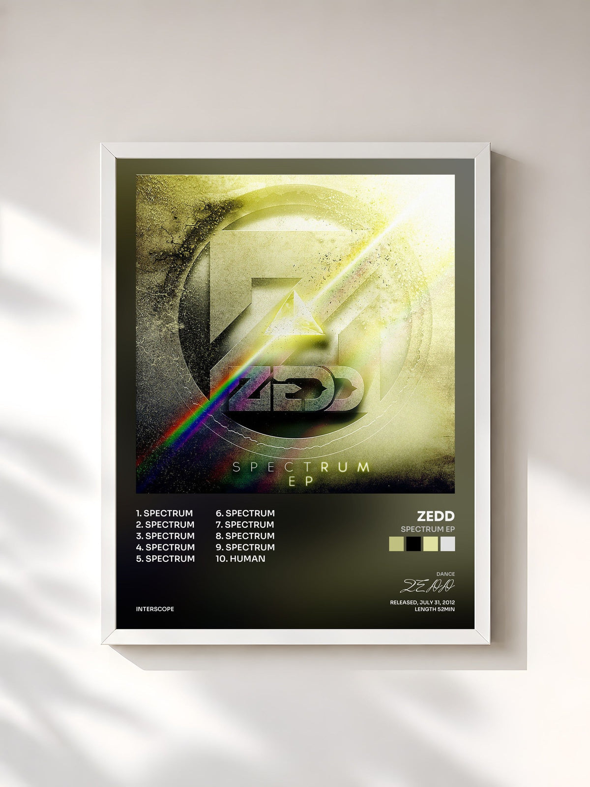 #blanc Tableau de l'album Spectrum EP de ZEDD, cadre blanc, imprimé et encadré en France