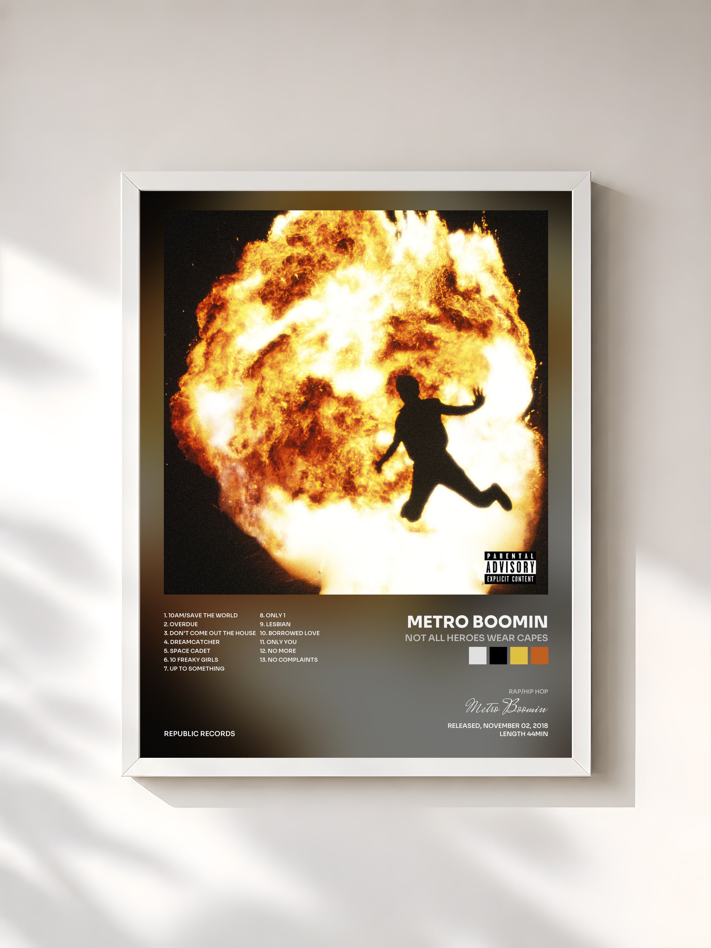 #blanc NOT ALL HEROES WEAR CAPES de Metro Boomin en lámina enmarcada, marco blanco, impresa y enmarcada en Francia