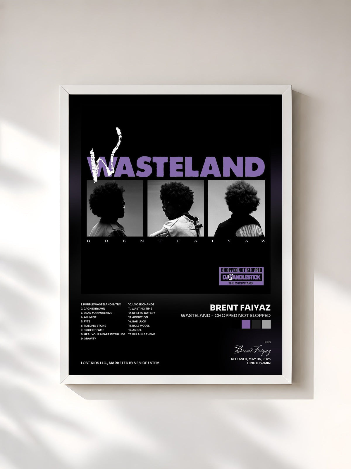 #blanc Tableau de l'album WASTELAND - CHOPPED NOT SLOPPED de Brent Faiyaz, cadre blanc, imprimé et encadré en France