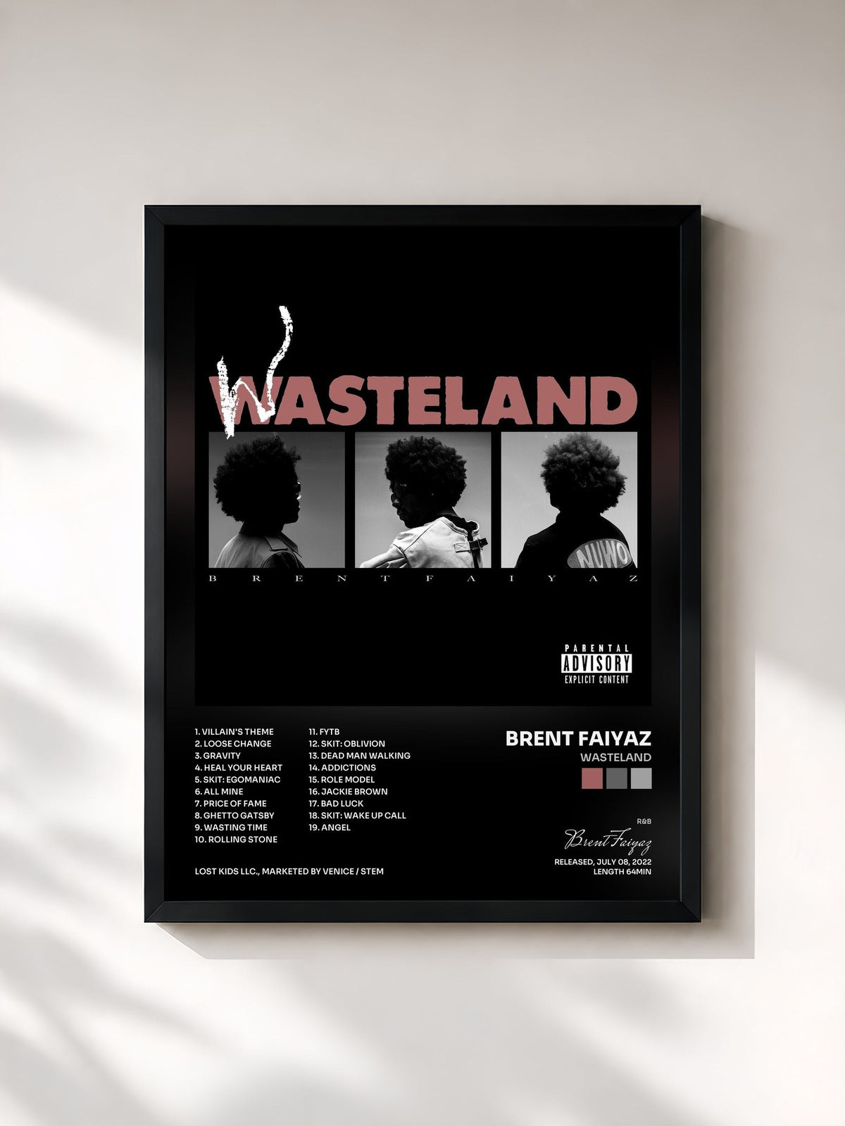#noir Tableau de l'album WASTELAND de Brent Faiyaz, cadre noir, imprimé et encadré en France