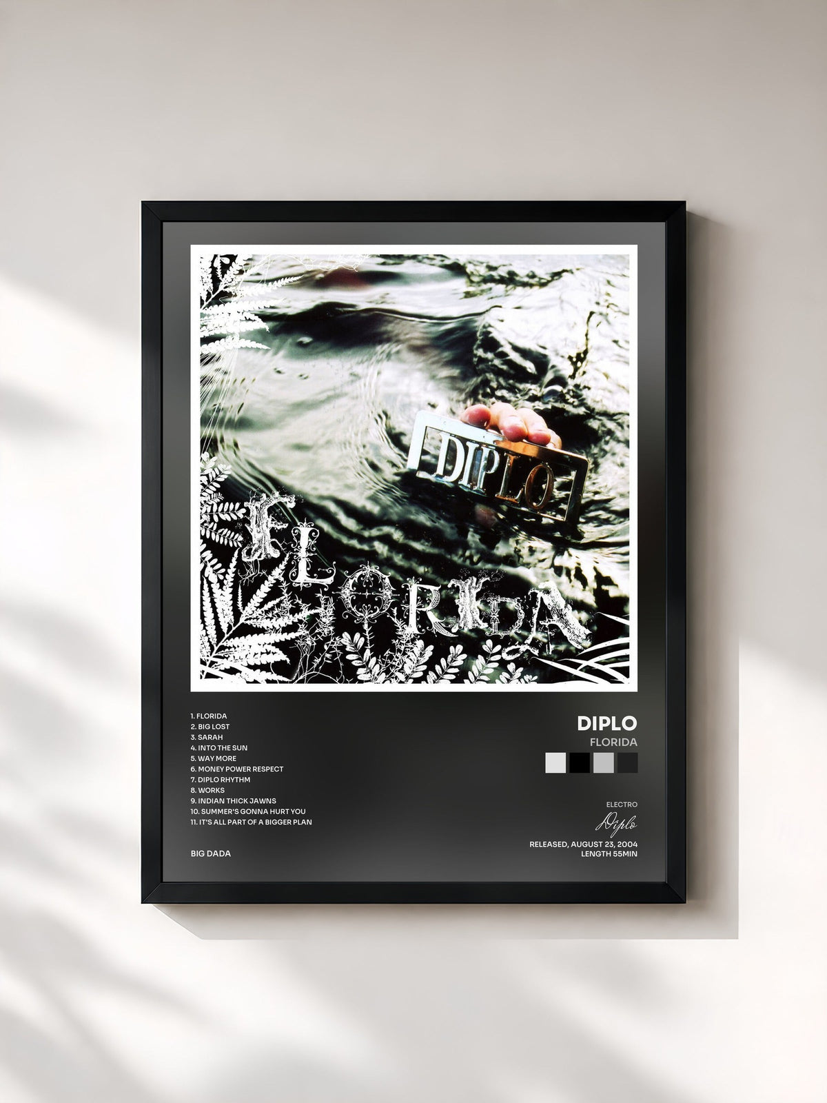 #noir Tableau de l'album Florida de Diplo, cadre noir, imprimé et encadré en France
