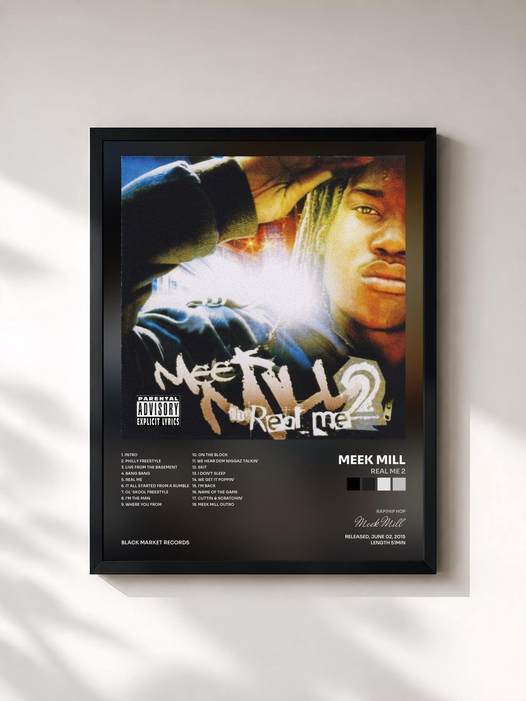 #noir Tableau de l'album Real Me 2 de Meek Mill, cadre noir, imprimé et encadré en France