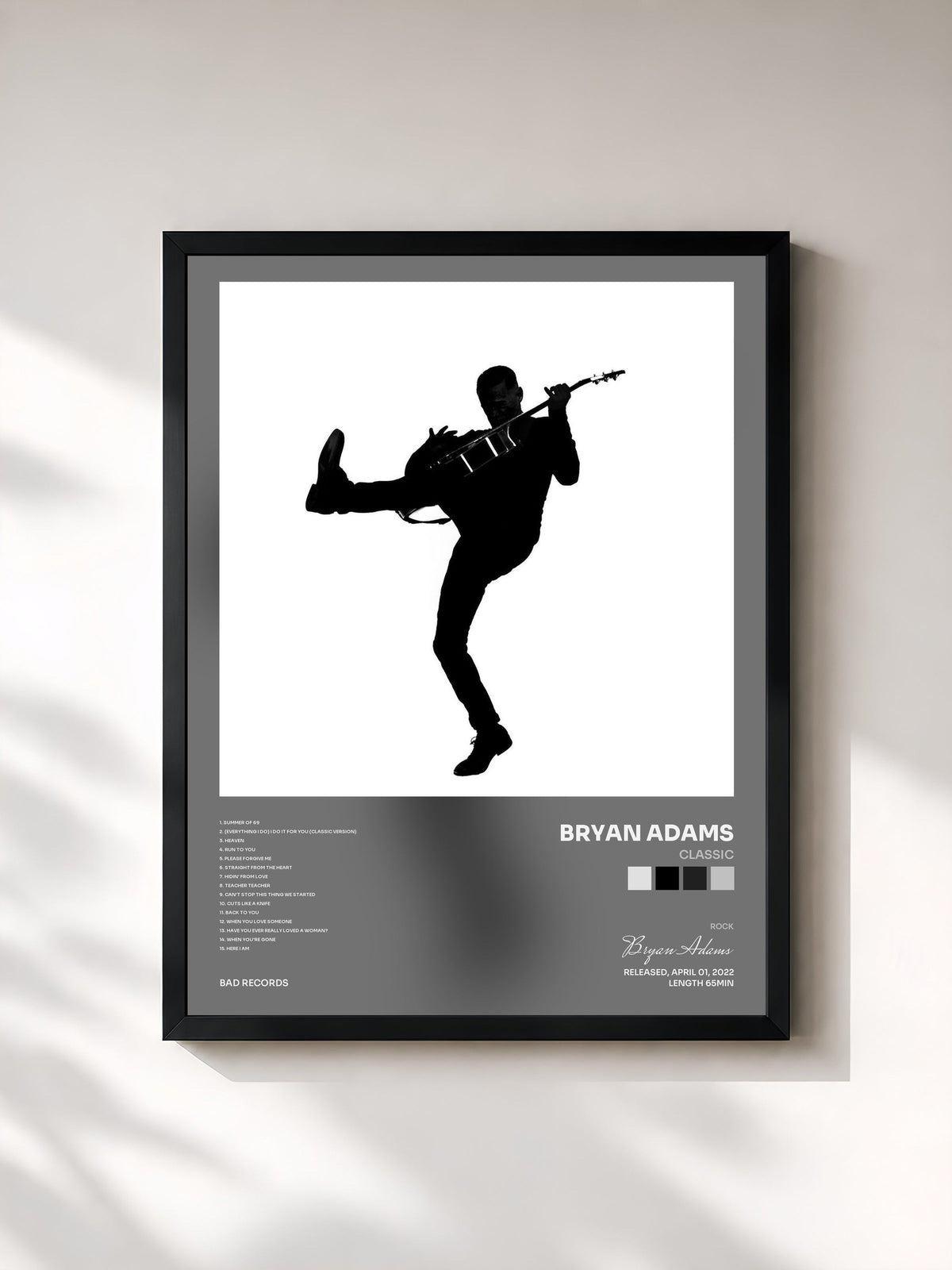 #noir Classic de Bryan Adams en lámina enmarcada, marco negro, impresa y enmarcada en Francia