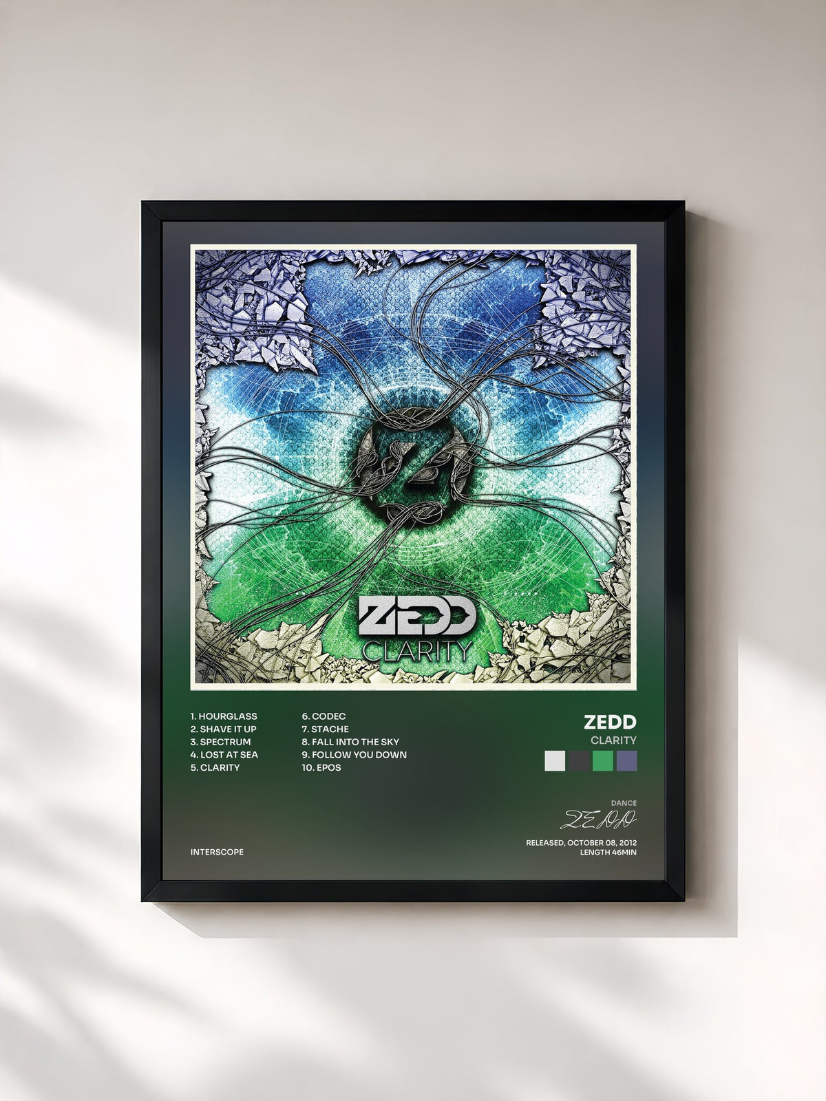#noir Tableau de l'album Clarity de ZEDD, cadre noir, imprimé et encadré en France