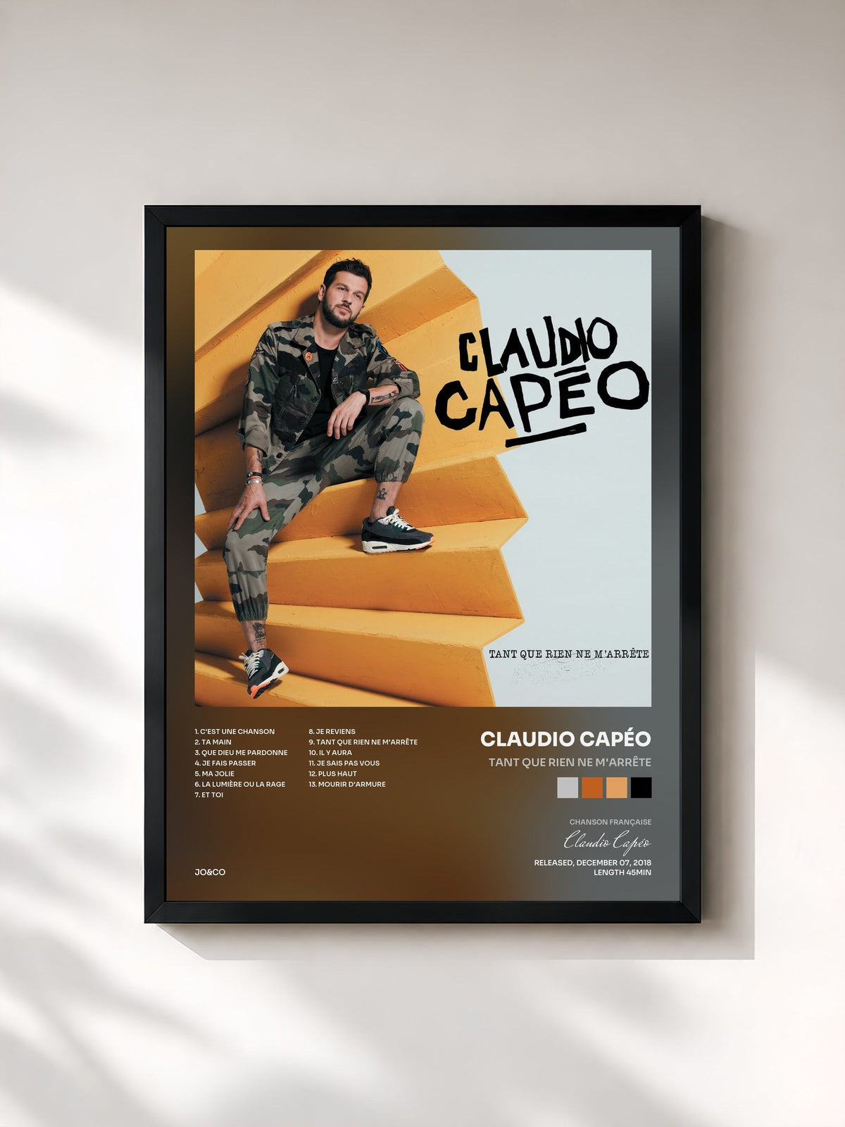 #noir Tableau de l'album Tant que rien ne m'arrête de Claudio Capéo, cadre noir, imprimé et encadré en France