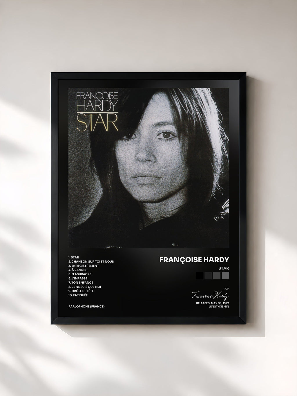 #noir Star di Françoise Hardy in stampa incorniciata, cornice nera, stampata e incorniciata in Francia
