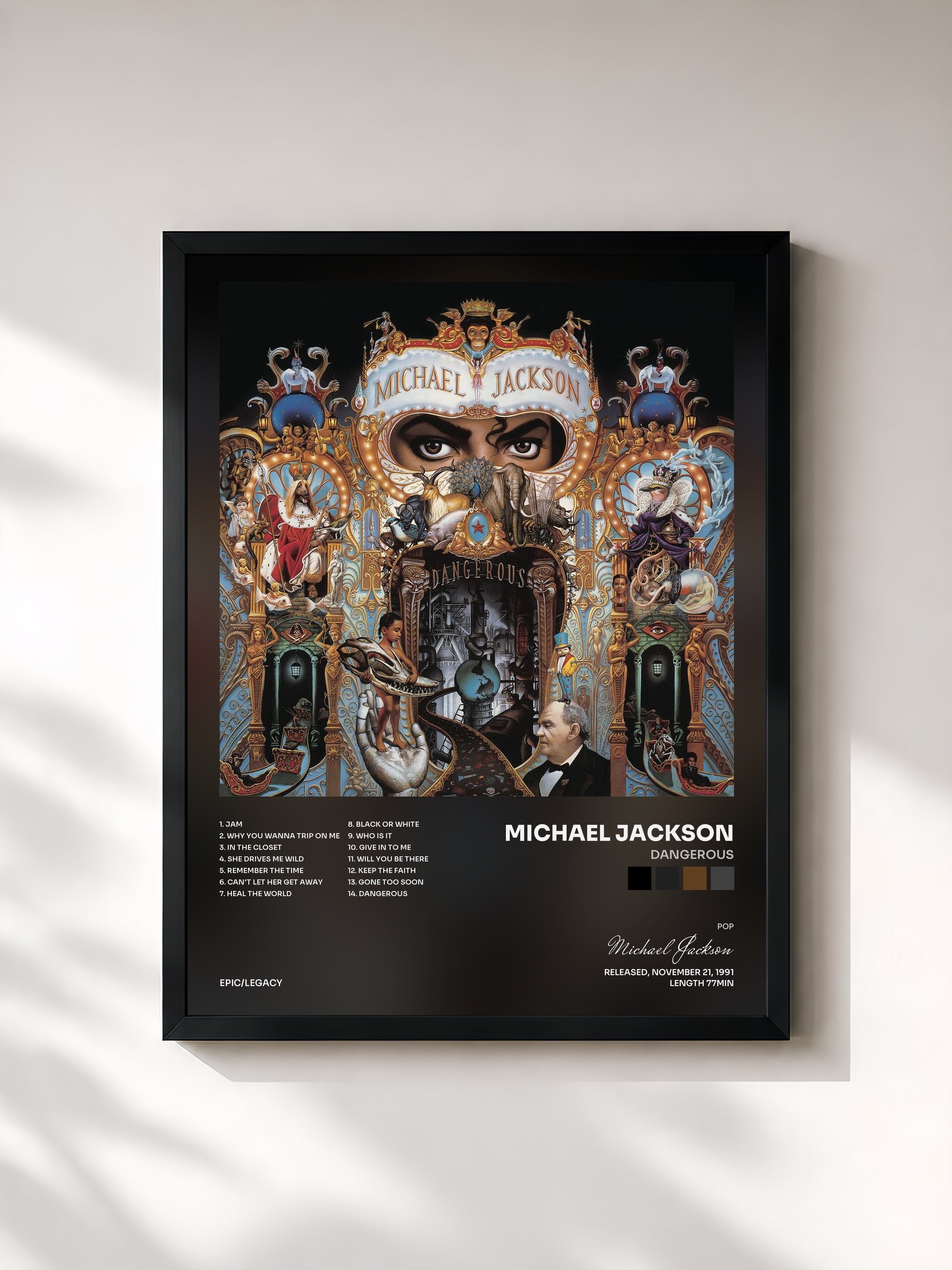 #noir Tableau de l'album Dangerous de Michael Jackson, cadre noir, imprimé et encadré en France
