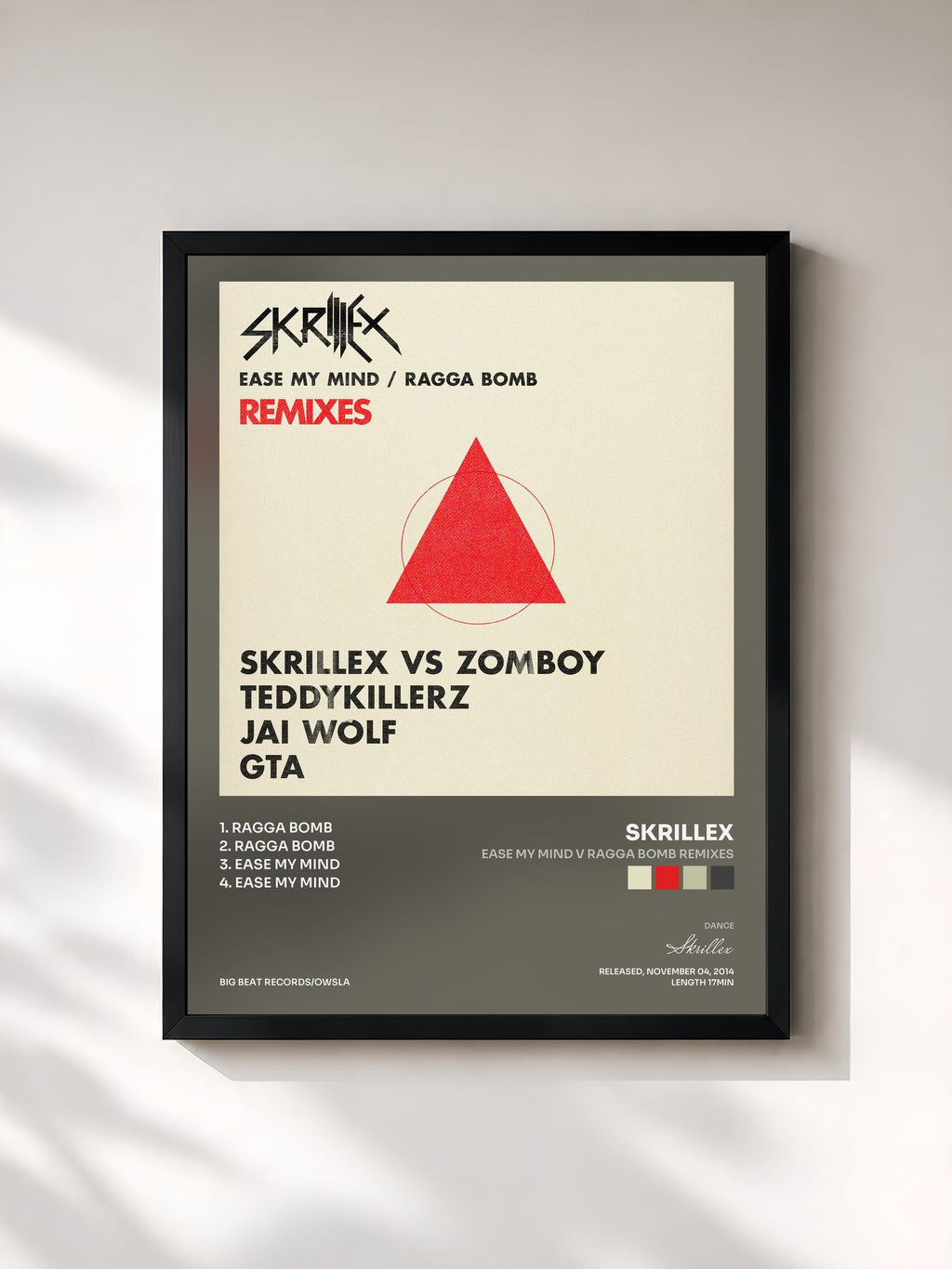 #noir Tableau de l'album Ease My Mind v Ragga Bomb Remixes de Skrillex, cadre noir, imprimé et encadré en France
