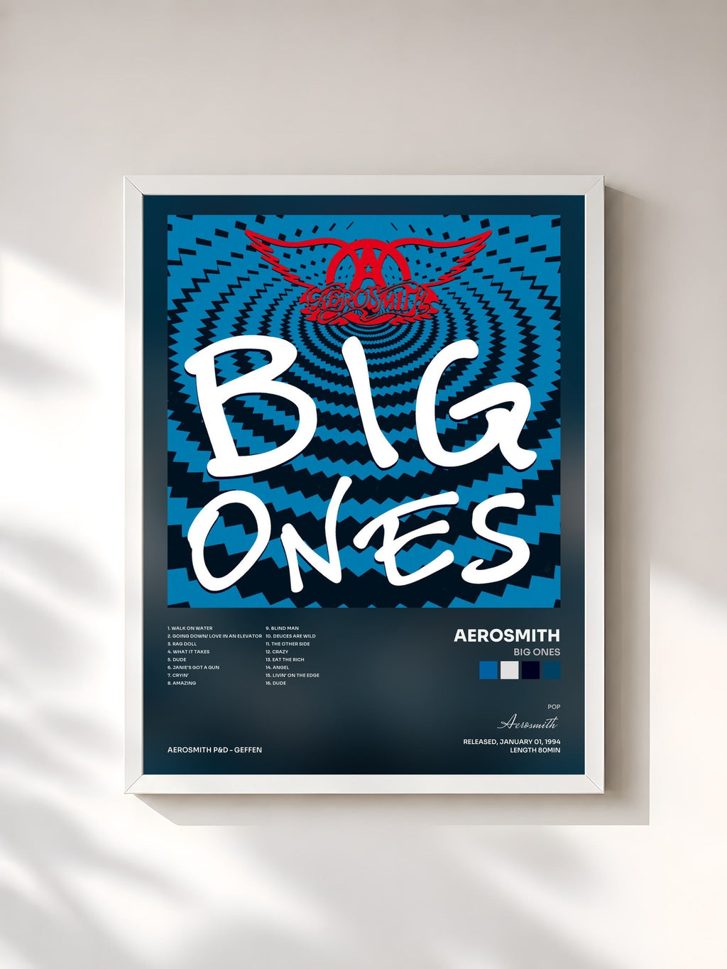 #blanc Big Ones de Aerosmith en lámina enmarcada, marco blanco, impresa y enmarcada en Francia