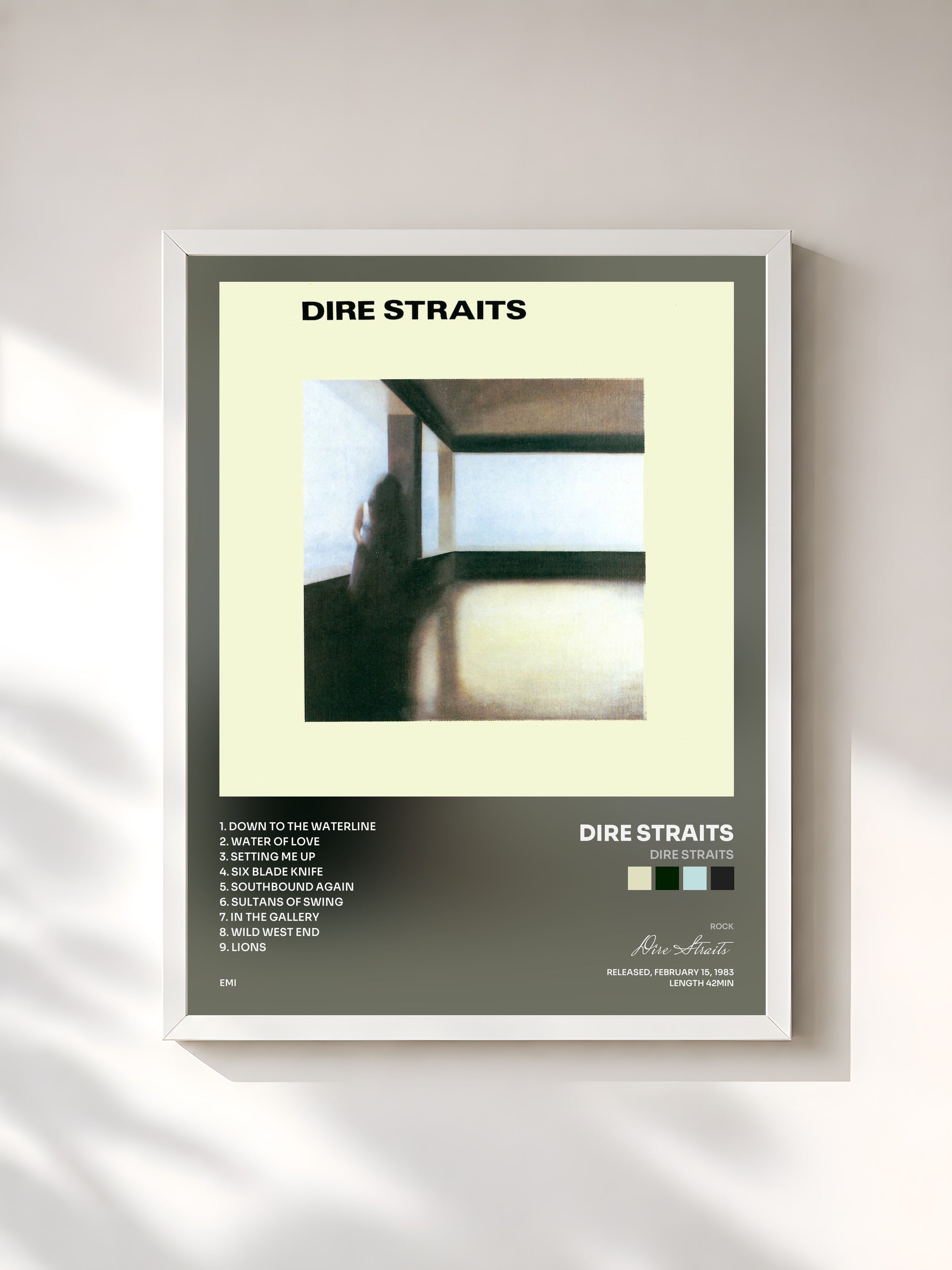 #blanc Tableau de l'album Dire Straits de Dire Straits, cadre blanc, imprimé et encadré en France