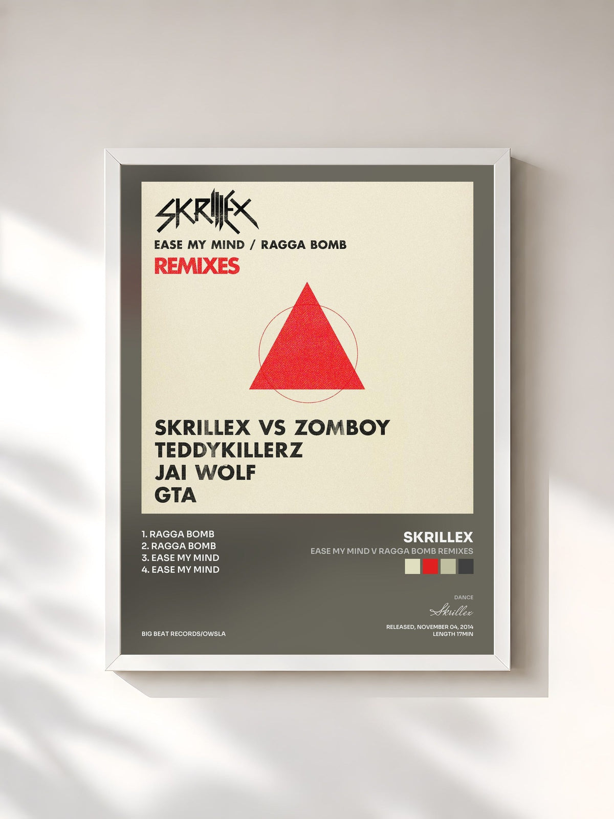 #blanc Tableau de l'album Ease My Mind v Ragga Bomb Remixes de Skrillex, cadre blanc, imprimé et encadré en France