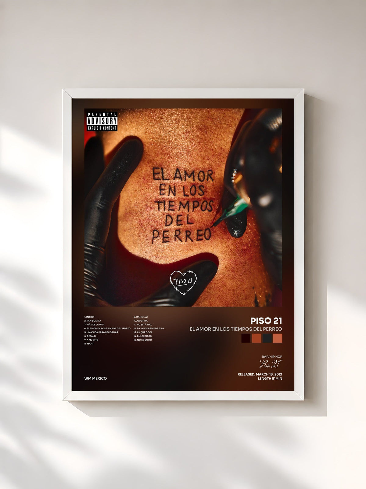 #blanc Tableau de l'album El Amor En Los Tiempos Del Perreo de Piso 21, cadre blanc, imprimé et encadré en France