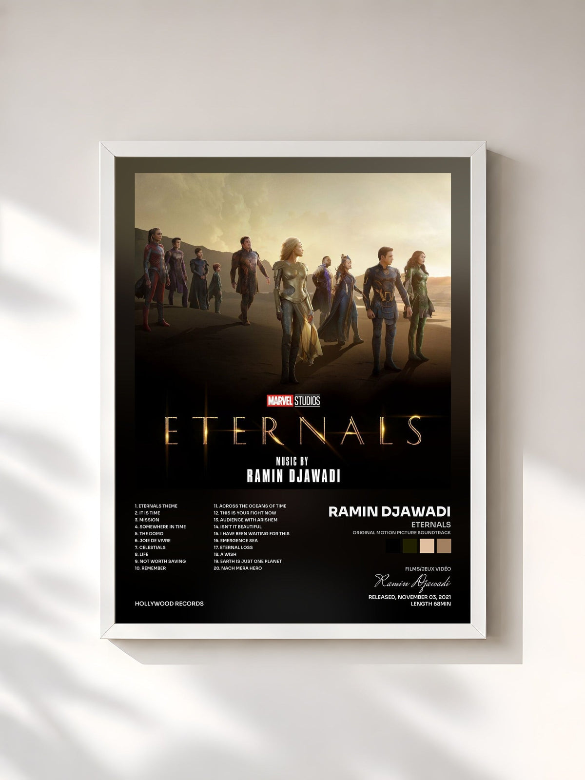 #blanc Tableau de l'album Eternals (Original Motion Picture Soundtrack) de Ramin Djawadi, cadre blanc, imprimé et encadré en France