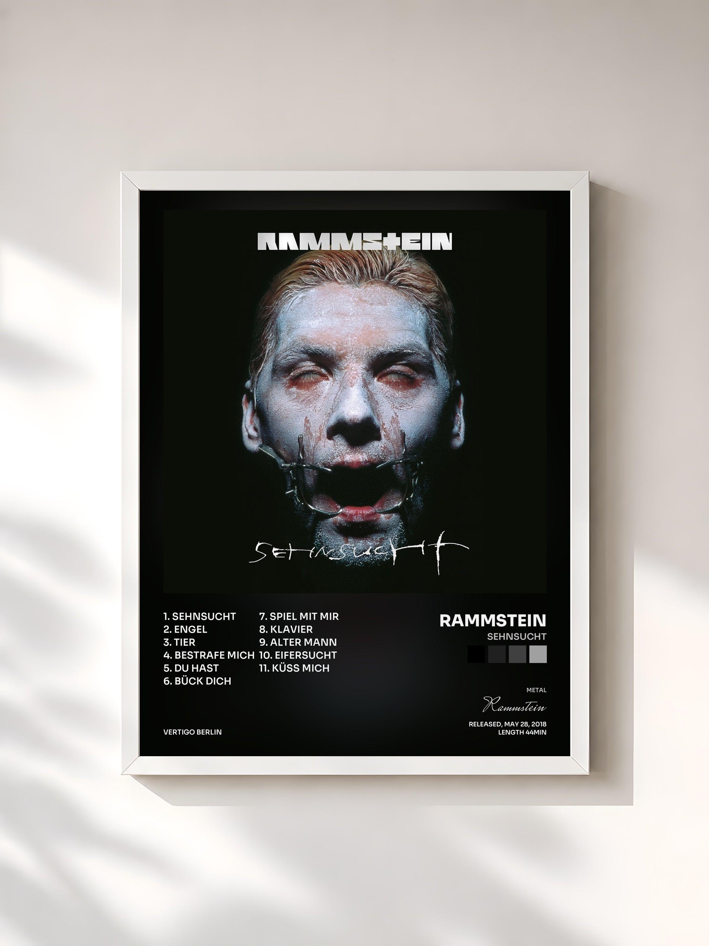 #blanc Tableau de l'album Sehnsucht de Rammstein, cadre blanc, imprimé et encadré en France
