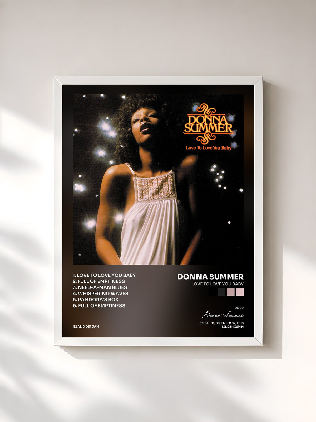 #blanc Tableau de l'album Love To Love You Baby de Donna Summer, cadre blanc, imprimé et encadré en France