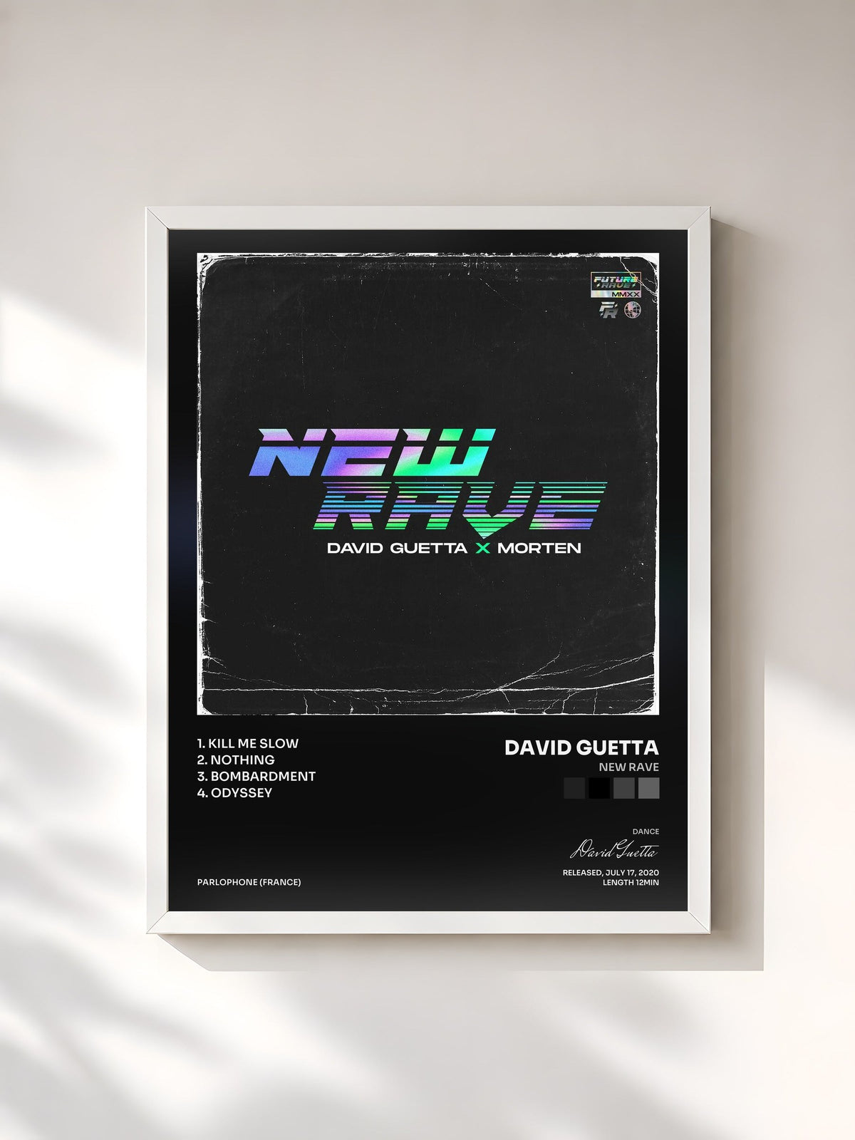 #blanc Tableau de l'album New Rave de David Guetta, cadre blanc, imprimé et encadré en France