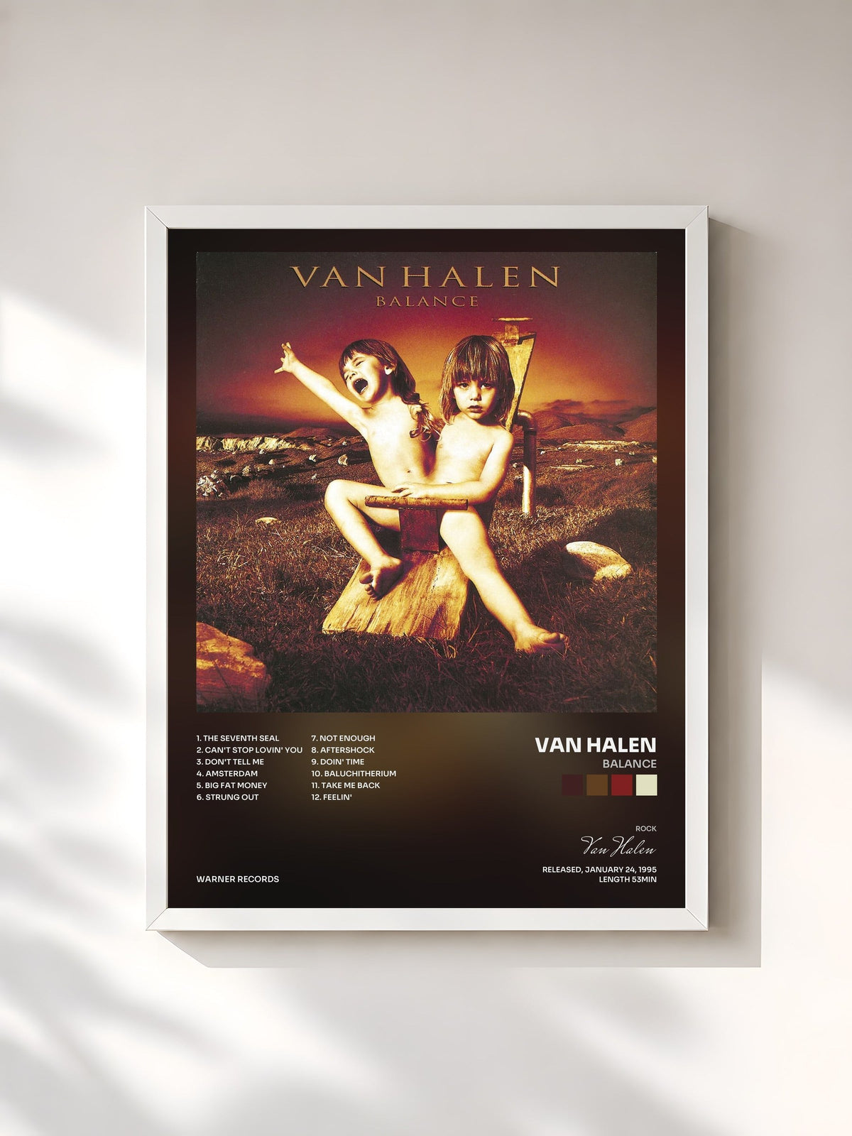#blanc Tableau de l'album Balance de Van Halen, cadre blanc, imprimé et encadré en France