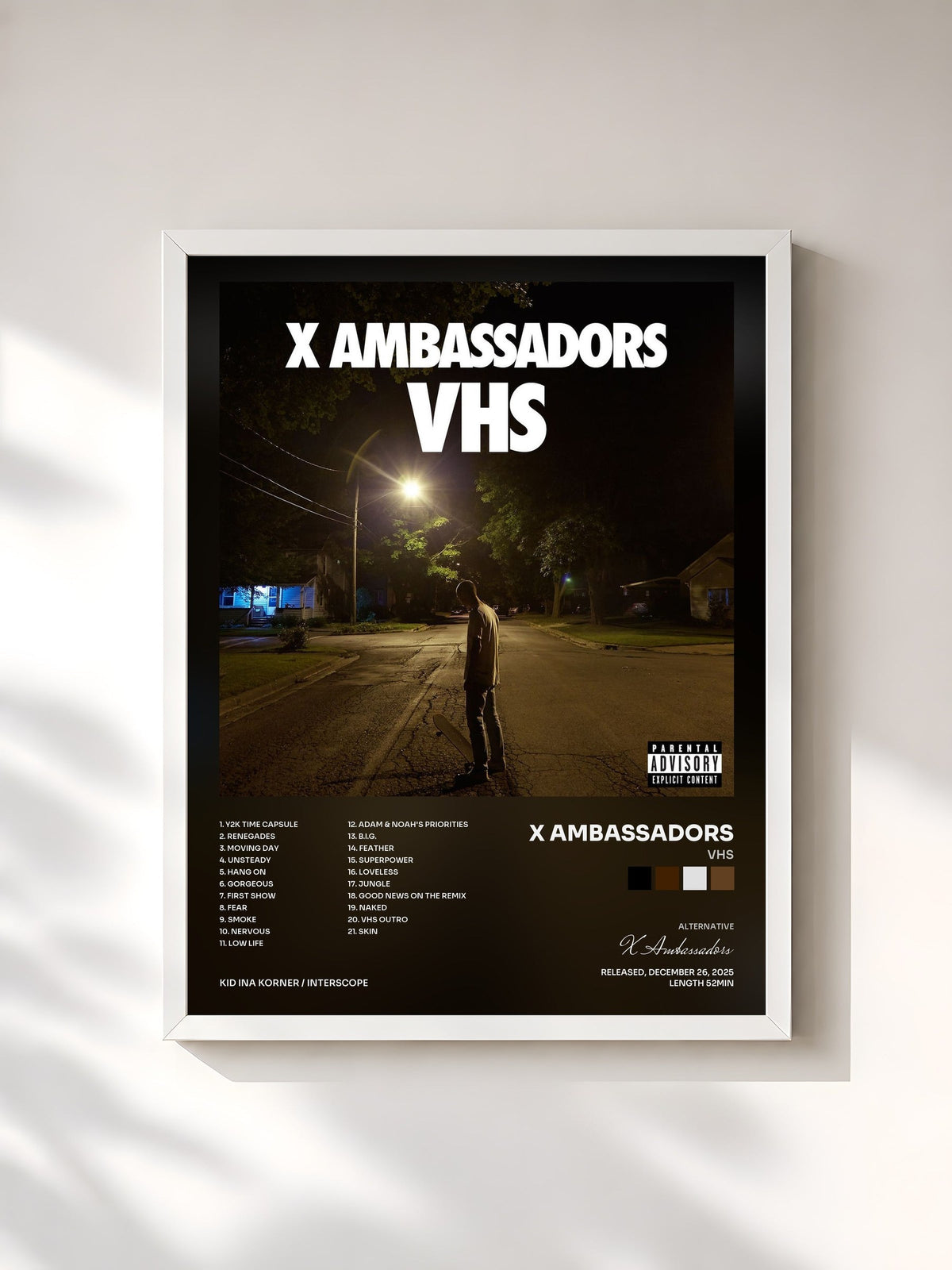 #blanc Tableau de l'album VHS de X Ambassadors, cadre blanc, imprimé et encadré en France