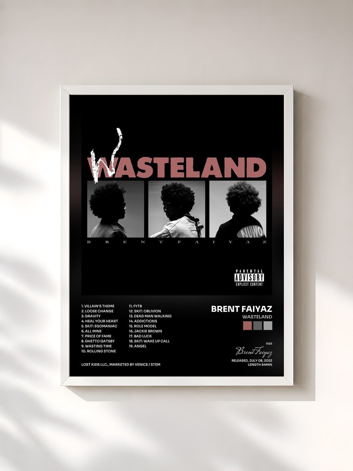 #blanc Tableau de l'album WASTELAND de Brent Faiyaz, cadre blanc, imprimé et encadré en France