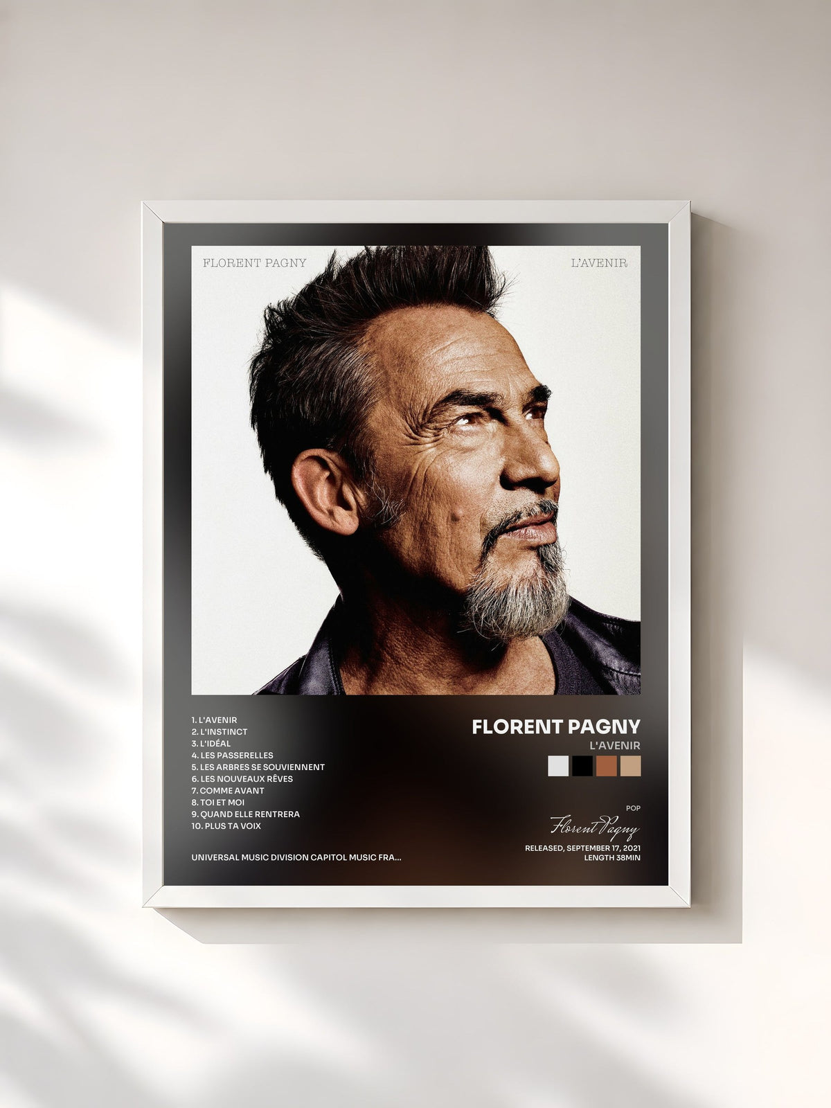 #blanc Tableau de l'album L'avenir de Florent Pagny, cadre blanc, imprimé et encadré en France