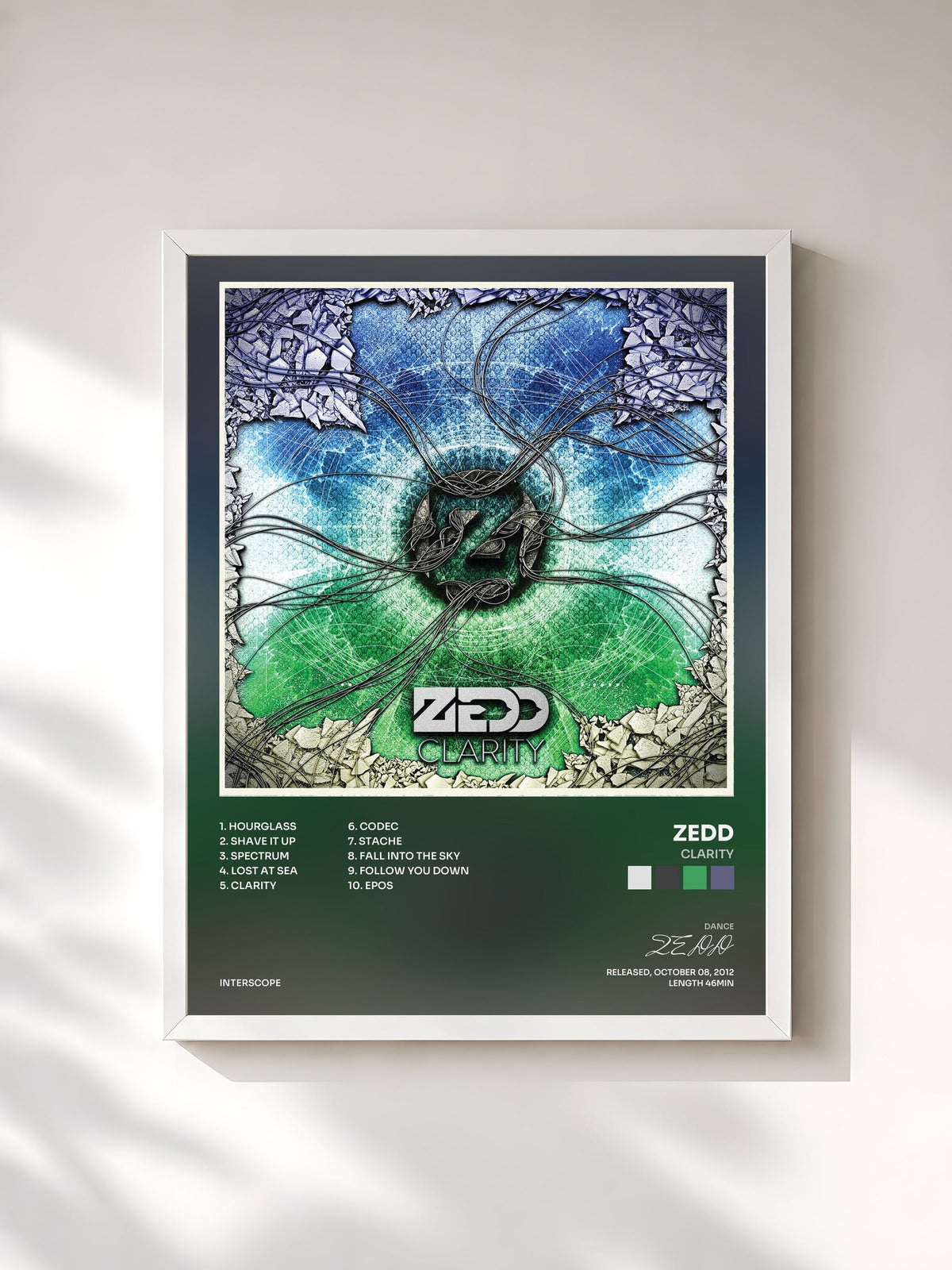 #blanc Tableau de l'album Clarity de ZEDD, cadre blanc, imprimé et encadré en France