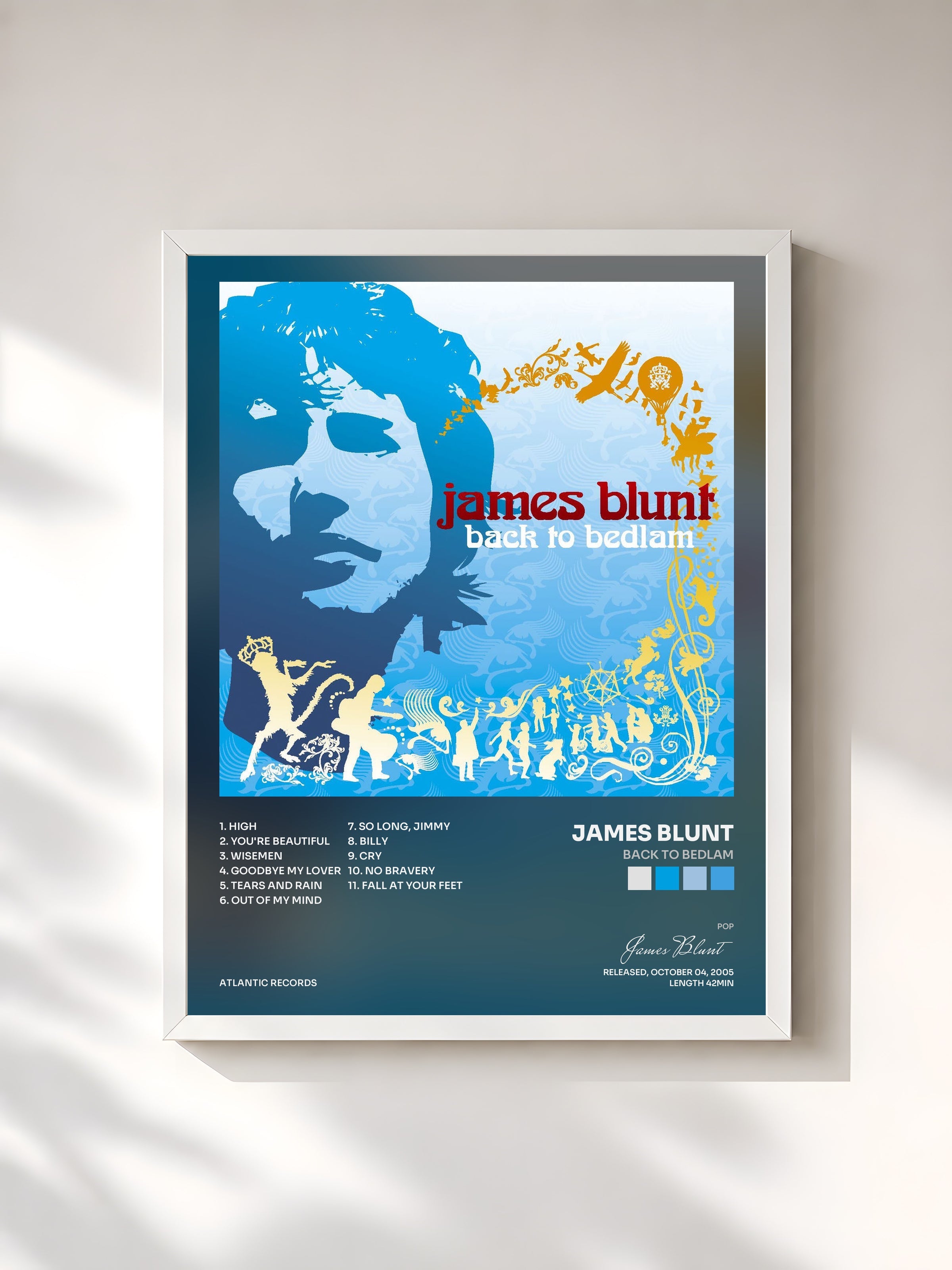 #blanc Tableau de l'album Back to Bedlam de James Blunt, cadre blanc, imprimé et encadré en France