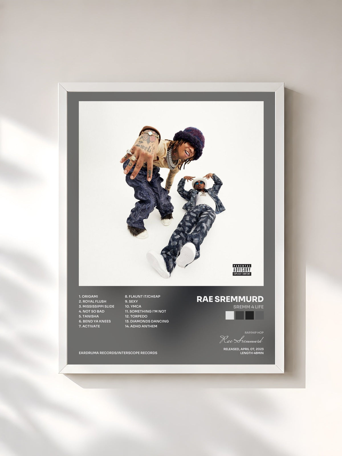 #blanc Sremm 4 Life de Rae Sremmurd en lámina enmarcada, marco blanco, impresa y enmarcada en Francia