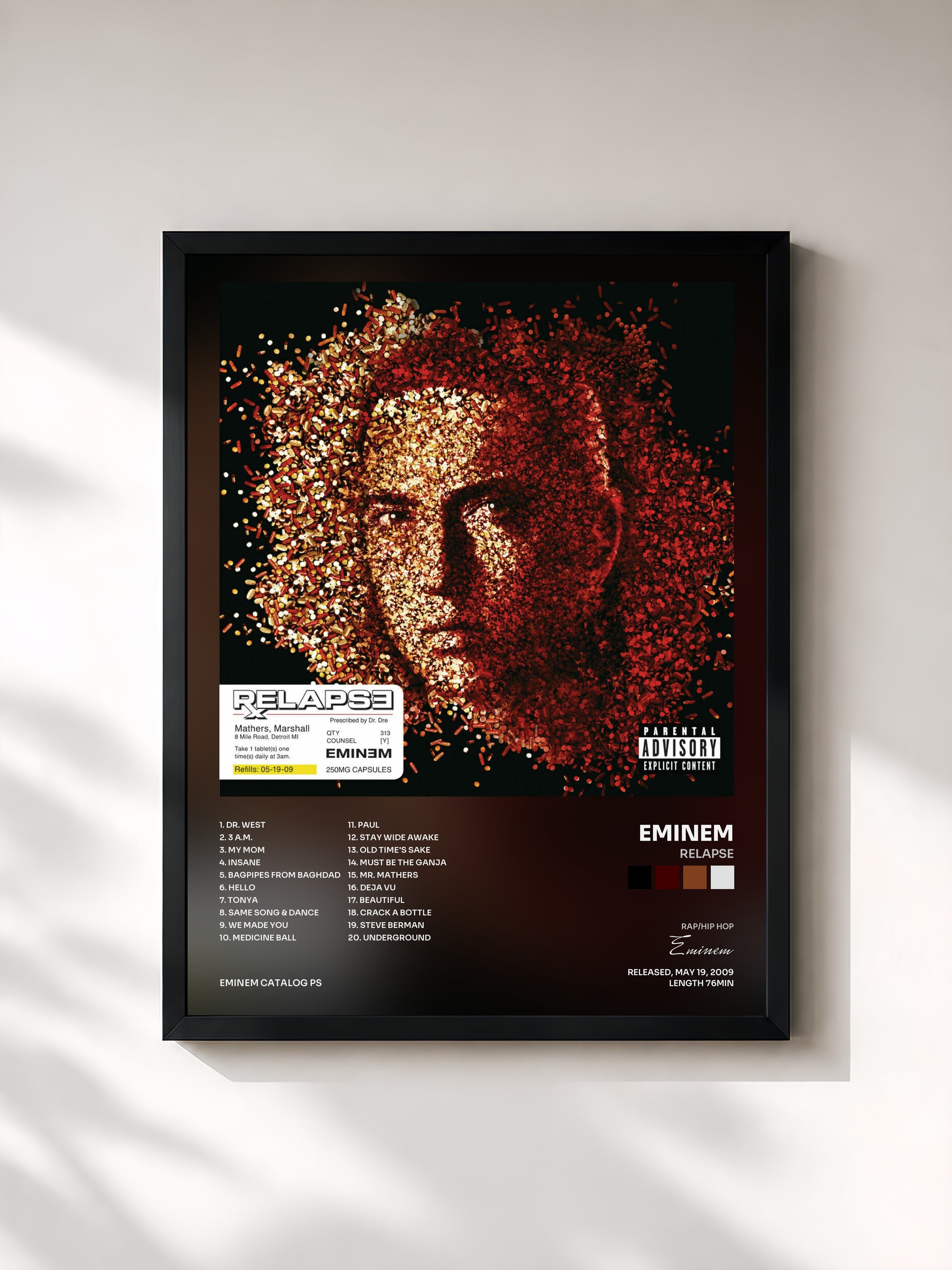 #noir Tableau de l'album Relapse de Eminem, cadre noir, imprimé et encadré en France