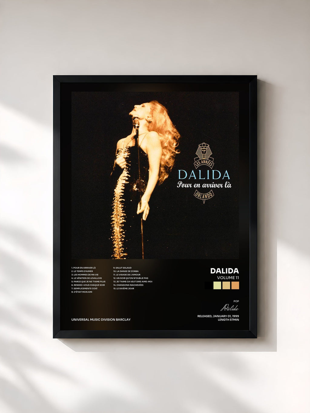 #noir Volume 11 de Dalida en lámina enmarcada, marco negro, impresa y enmarcada en Francia