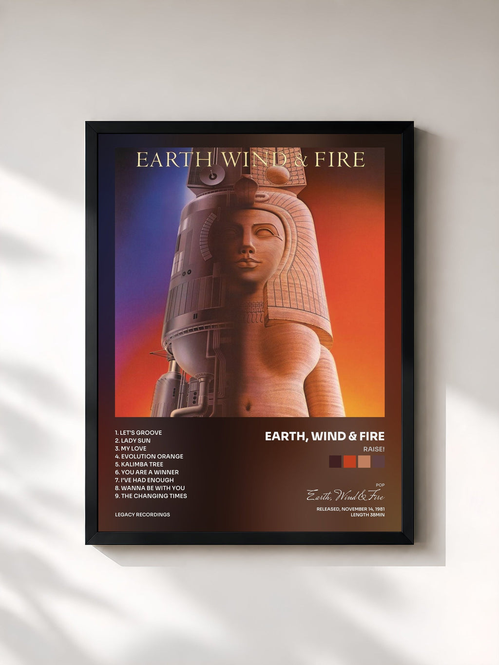 #noir Tableau de l'album Raise! de Earth, Wind & Fire, cadre noir, imprimé et encadré en France