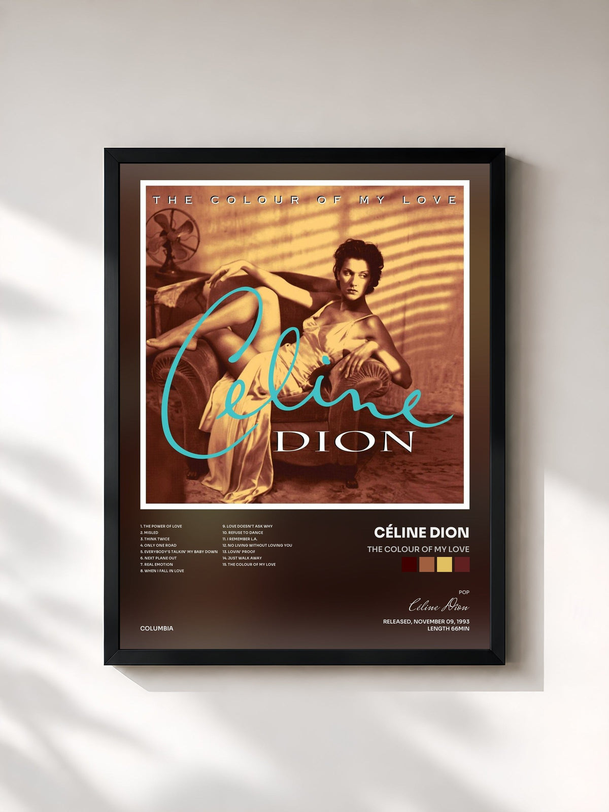 #noir Tableau de l'album The Colour Of My Love de Céline Dion, cadre noir, imprimé et encadré en France