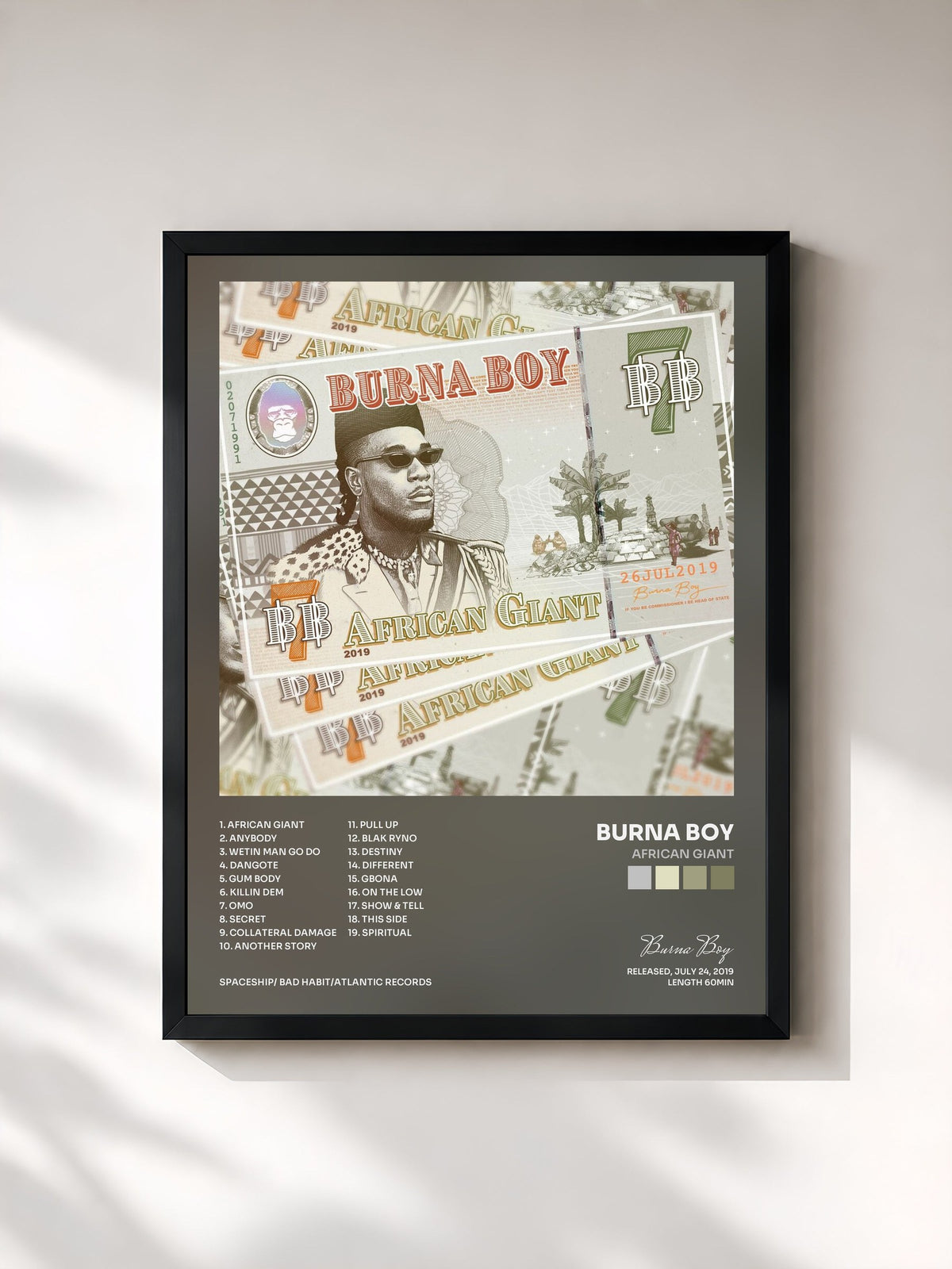 #noir Tableau de l'album African Giant de Burna Boy, cadre noir, imprimé et encadré en France
