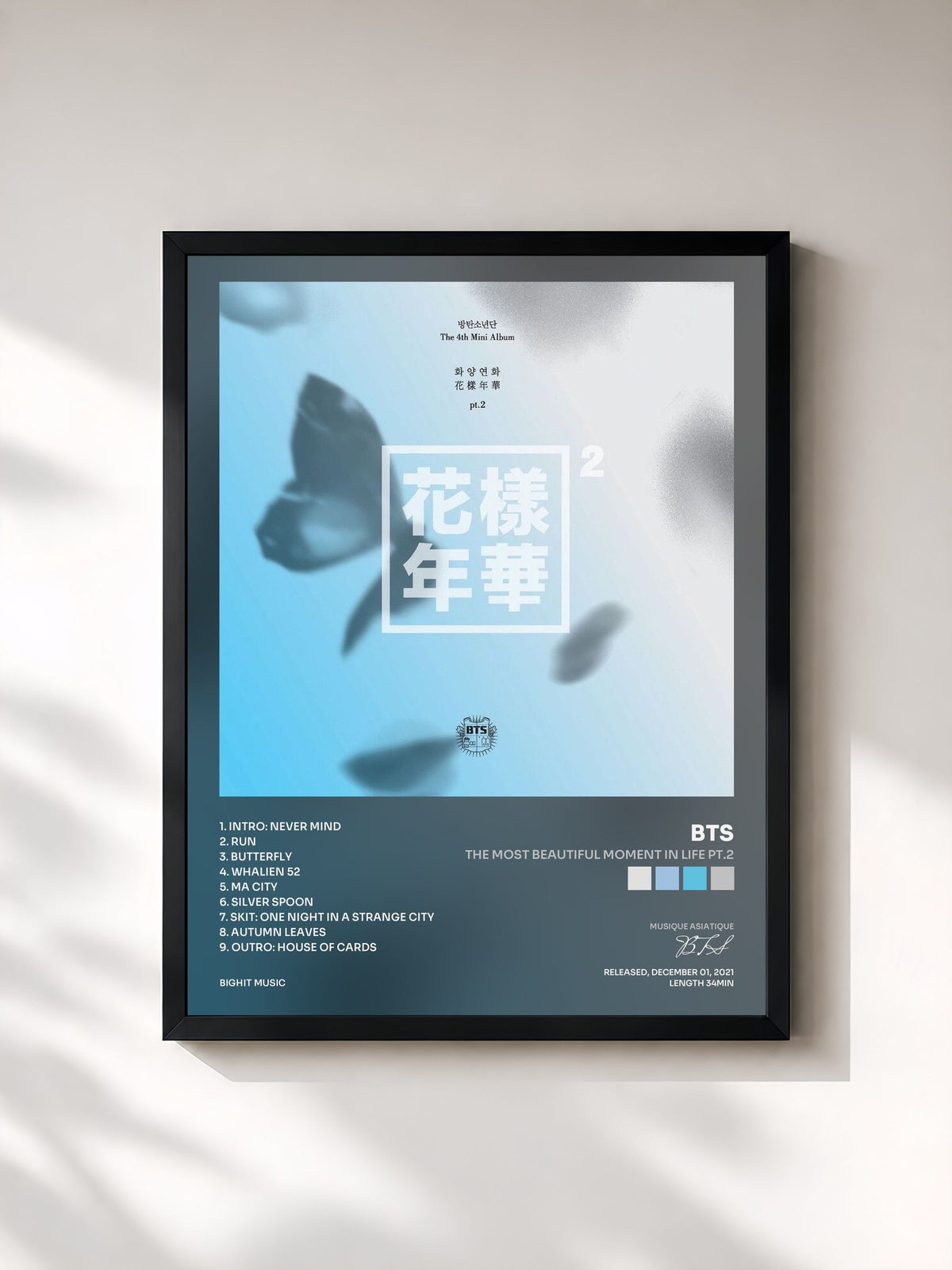 #noir Tableau de l'album The Most Beautiful Moment in Life Pt.2 de BTS, cadre noir, imprimé et encadré en France