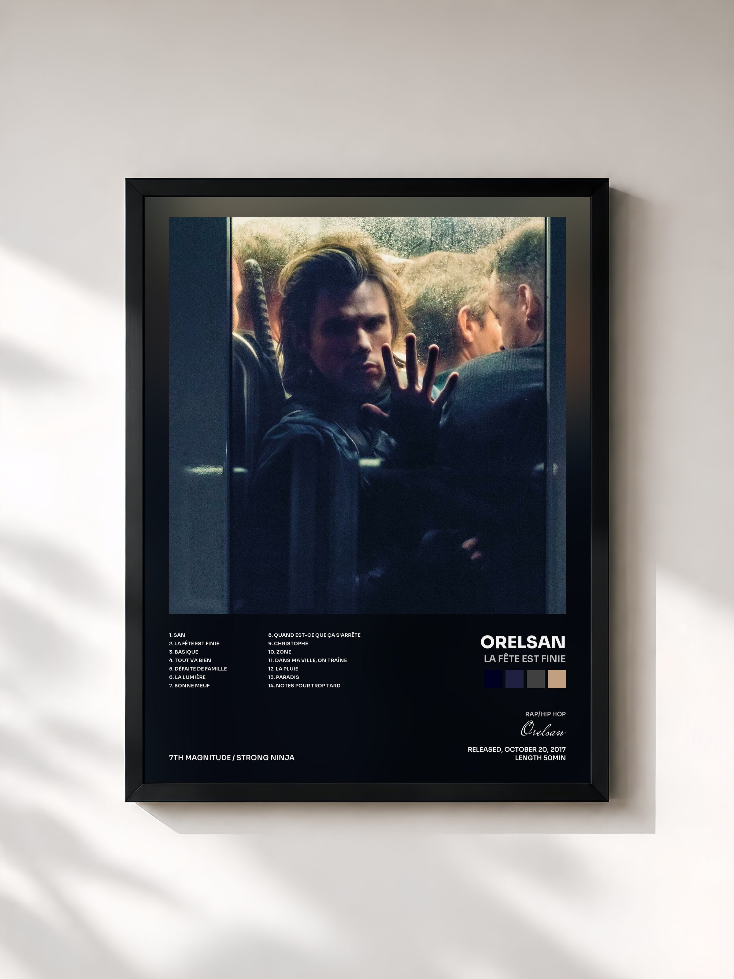 #noir Tableau de l'album La fête est finie de Orelsan, cadre noir, imprimé et encadré en France