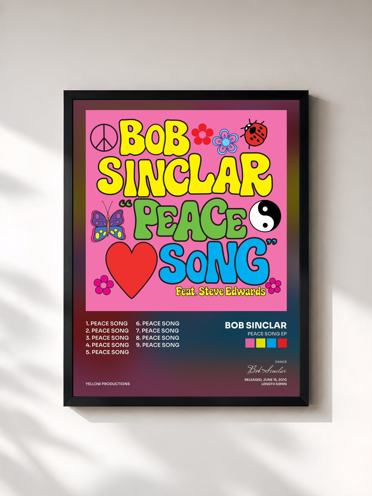 #noir Tableau de l'album Peace Song EP de Bob Sinclar, cadre noir, imprimé et encadré en France