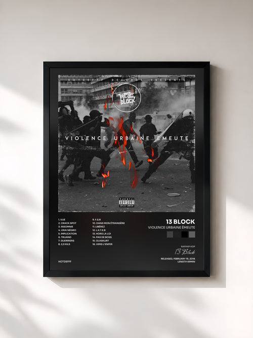 #noir Tableau de l'album Violence urbaine émeute de 13 Block, cadre noir, imprimé et encadré en France