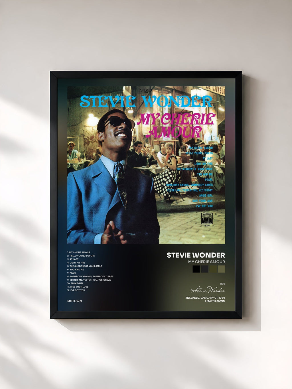 #noir Tableau de l'album My Cherie Amour de Stevie Wonder, cadre noir, imprimé et encadré en France