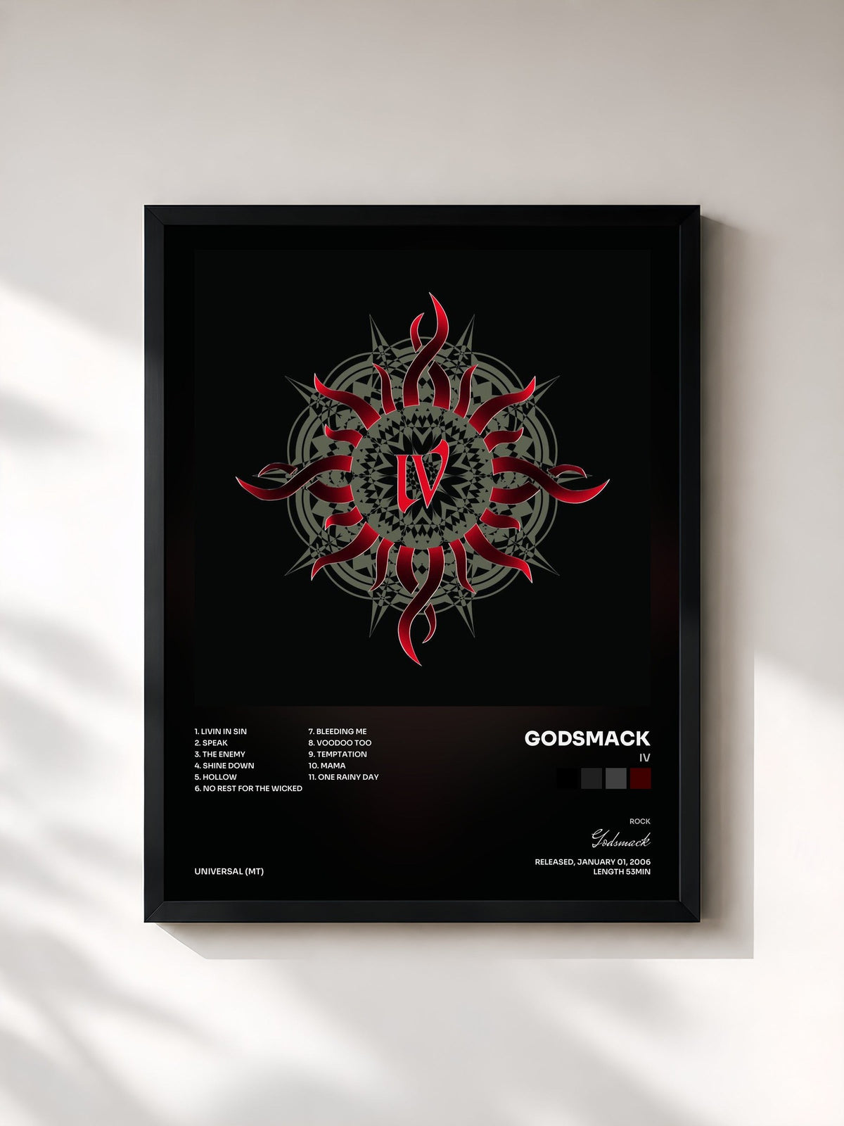 #noir Tableau de l'album IV de Godsmack, cadre noir, imprimé et encadré en France